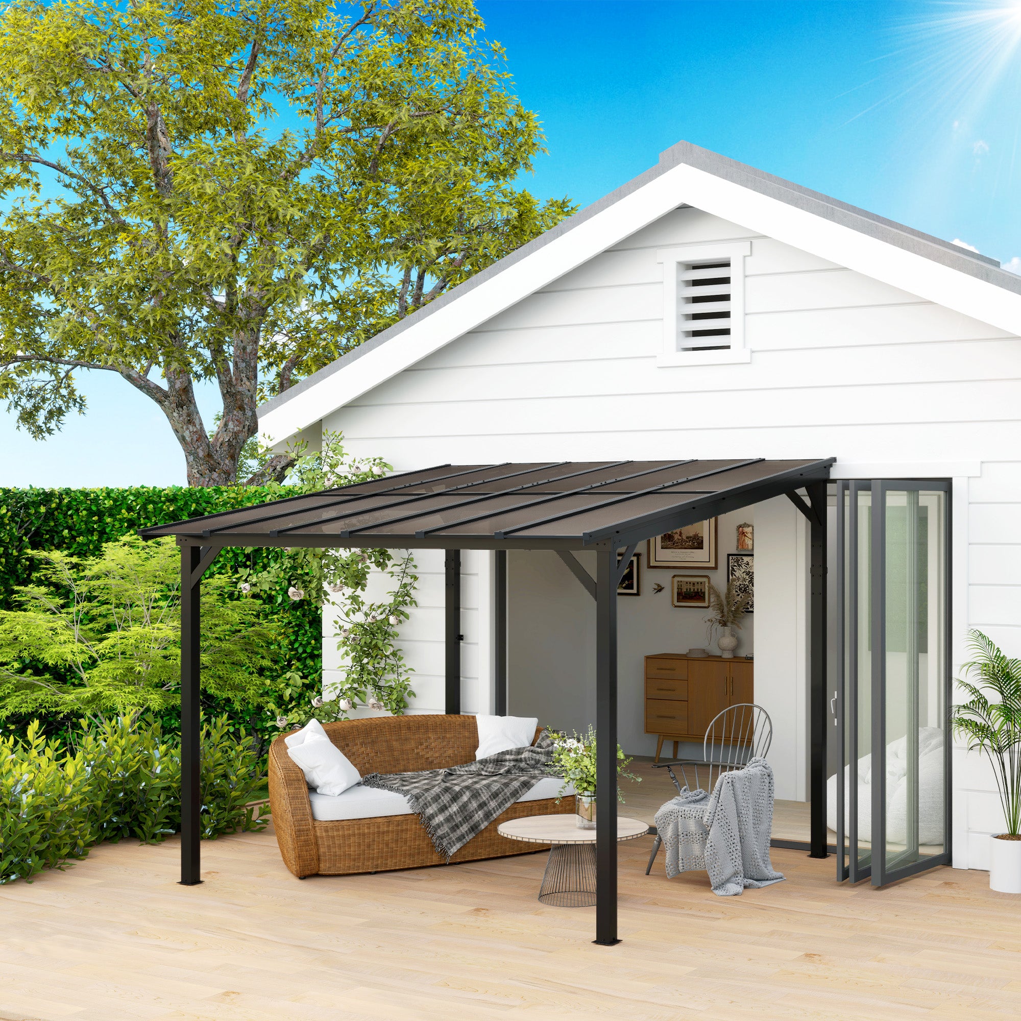Outsunny 10' x 10' Outdoor Pergola with UPF 50+ and Waterproof Polycarbonate Roof, Wall-Mounted / Free Standing Hardtop Gazebo, Wind-resistant for Patio Deck Backyard, Dark Grey