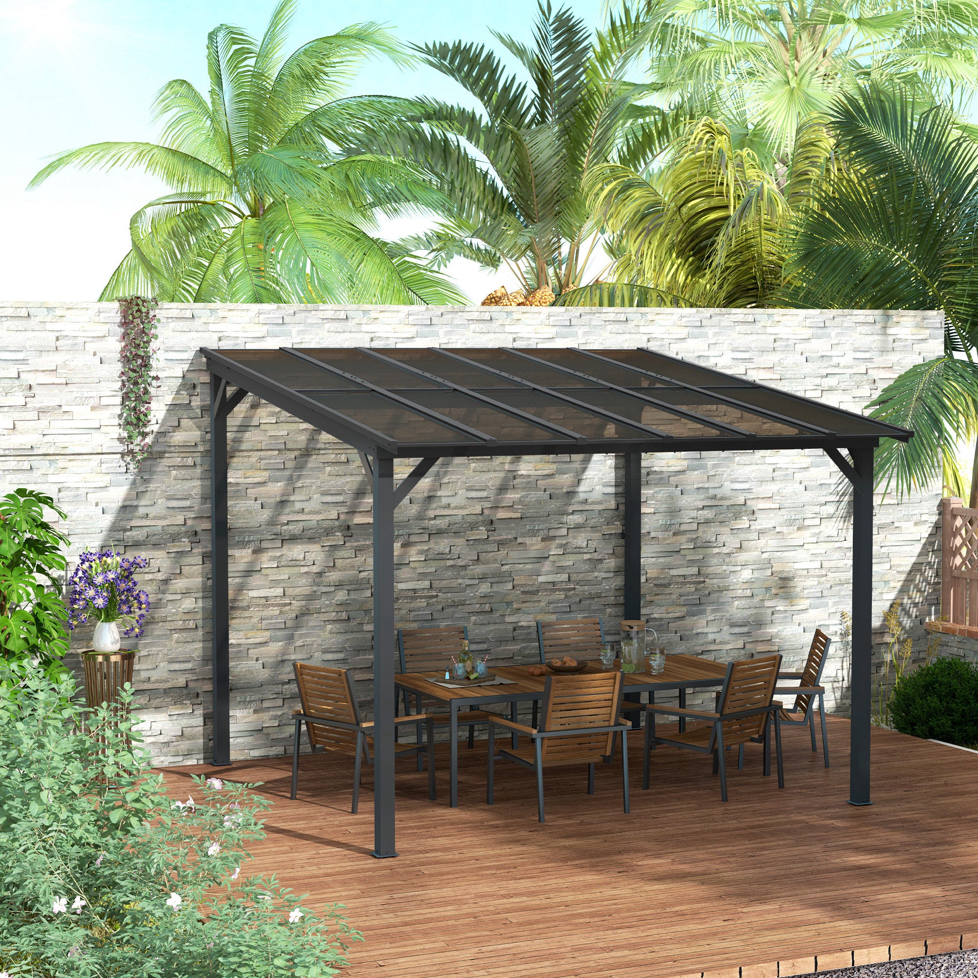 Outsunny 10' x 10' Outdoor Pergola with UPF 50+ and Waterproof Polycarbonate Roof, Wall-Mounted / Free Standing Hardtop Gazebo, Wind-resistant for Patio Deck Backyard, Dark Grey