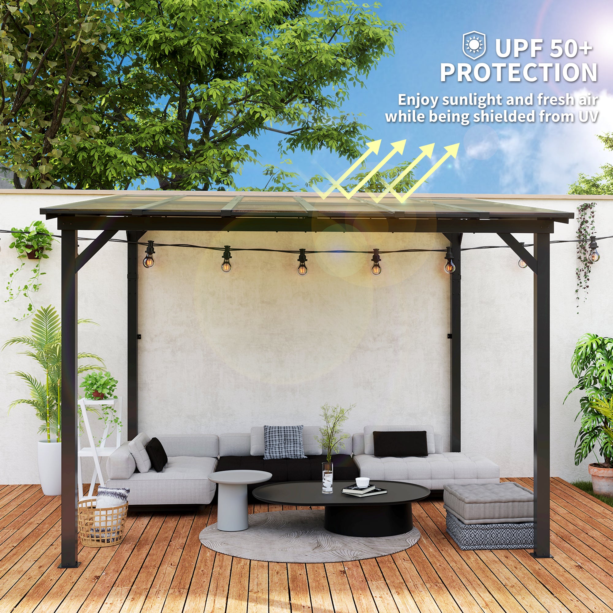 Outsunny 10' x 10' Outdoor Pergola with UPF 50+ and Waterproof Polycarbonate Roof, Wall-Mounted / Free Standing Hardtop Gazebo, Wind-resistant for Patio Deck Backyard, Dark Grey