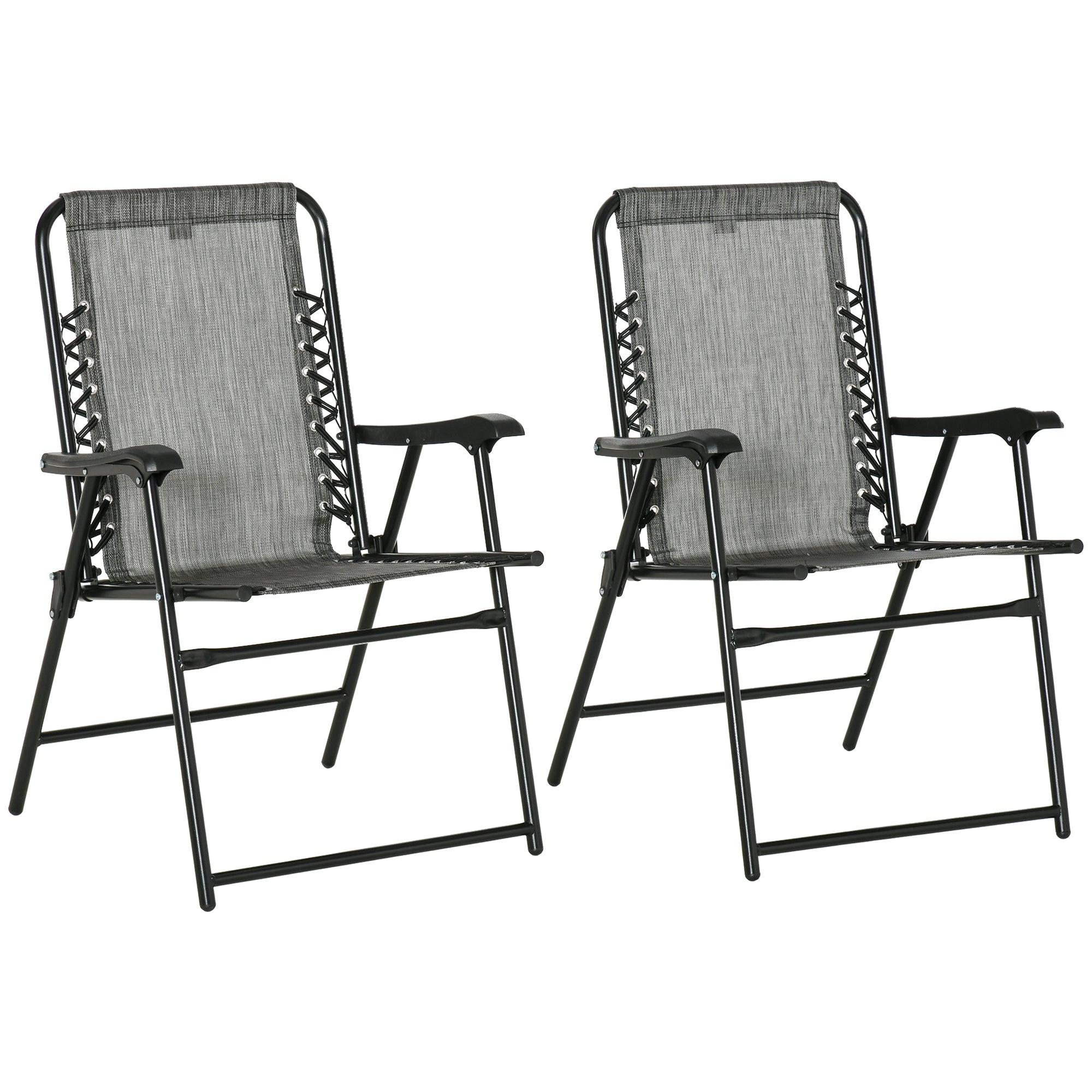 Outsunny Set of 2 Folding Patio Chairs, Outdoor Bungee Sling Chairs for Travel, Portable Camping Chairs w/ Armrests for Garden, Pool, Beach, Backyard, Grey