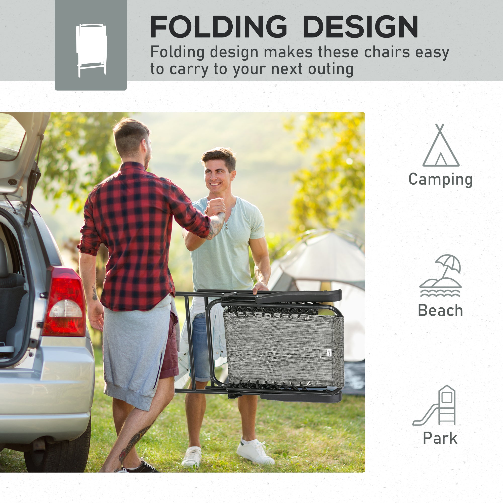 Outsunny Set of 2 Folding Patio Chairs, Outdoor Bungee Sling Chairs for Travel, Portable Camping Chairs w/ Armrests for Garden, Pool, Beach, Backyard, Grey