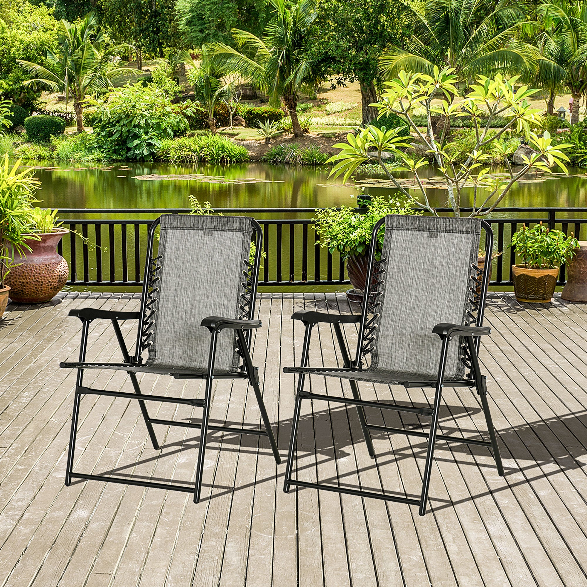 Outsunny Set of 2 Folding Patio Chairs, Outdoor Bungee Sling Chairs for Travel, Portable Camping Chairs w/ Armrests for Garden, Pool, Beach, Backyard, Grey