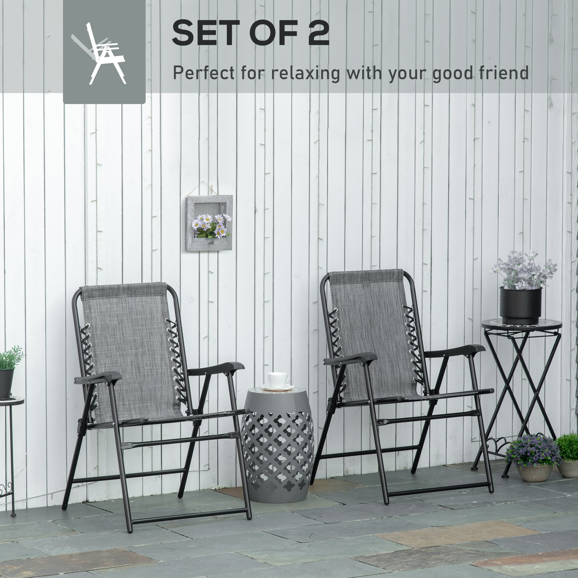 Outsunny Set of 2 Folding Patio Chairs, Outdoor Bungee Sling Chairs for Travel, Portable Camping Chairs w/ Armrests for Garden, Pool, Beach, Backyard, Grey