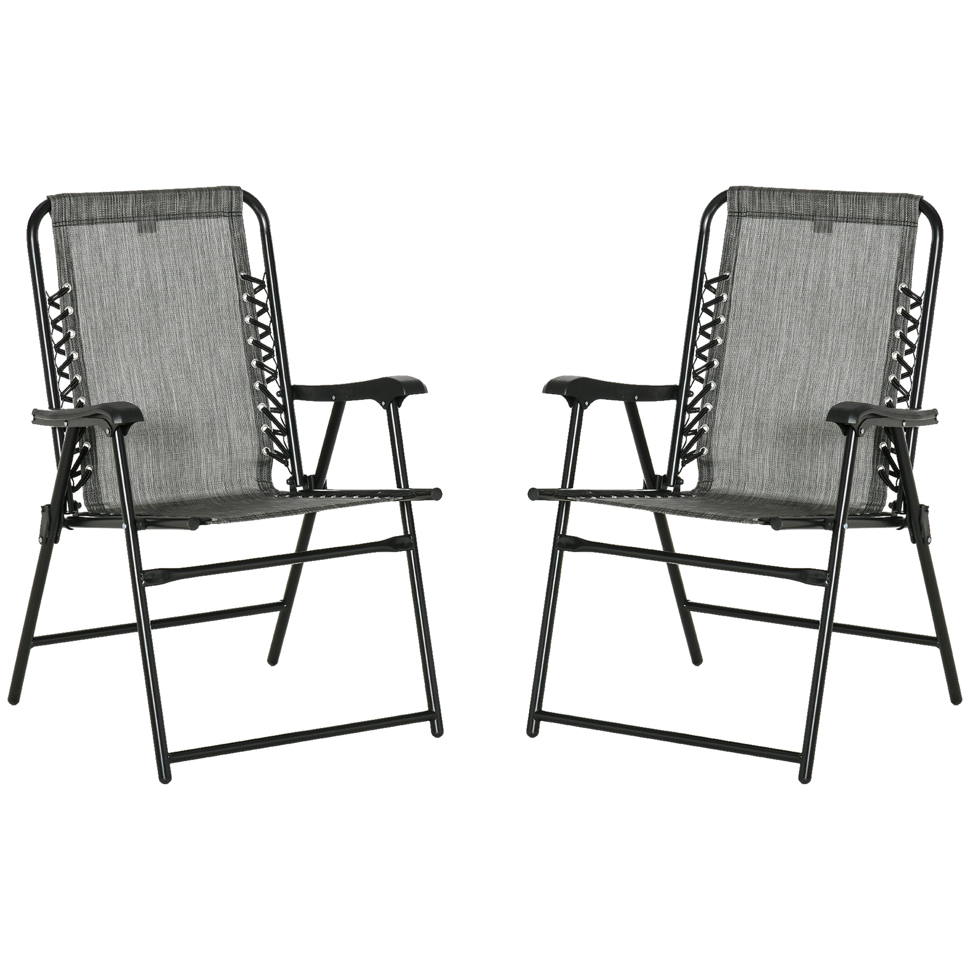 Outsunny Set of 2 Folding Patio Chairs, Outdoor Bungee Sling Chairs for Travel, Portable Camping Chairs w/ Armrests for Garden, Pool, Beach, Backyard, Grey