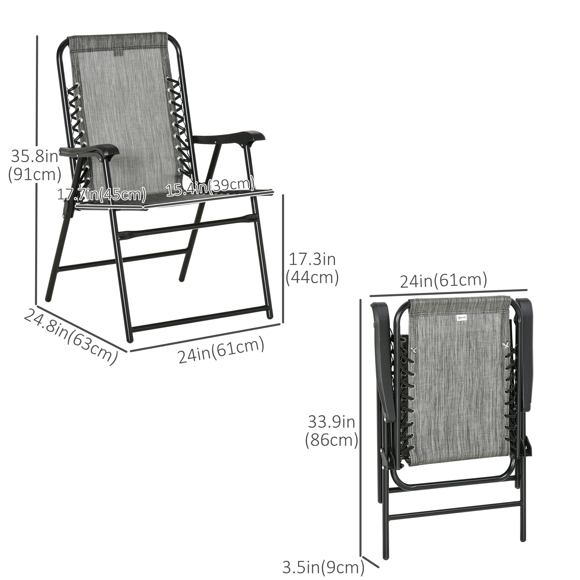 Outsunny Set of 2 Folding Patio Chairs, Outdoor Bungee Sling Chairs for Travel, Portable Camping Chairs w/ Armrests for Garden, Pool, Beach, Backyard, Grey