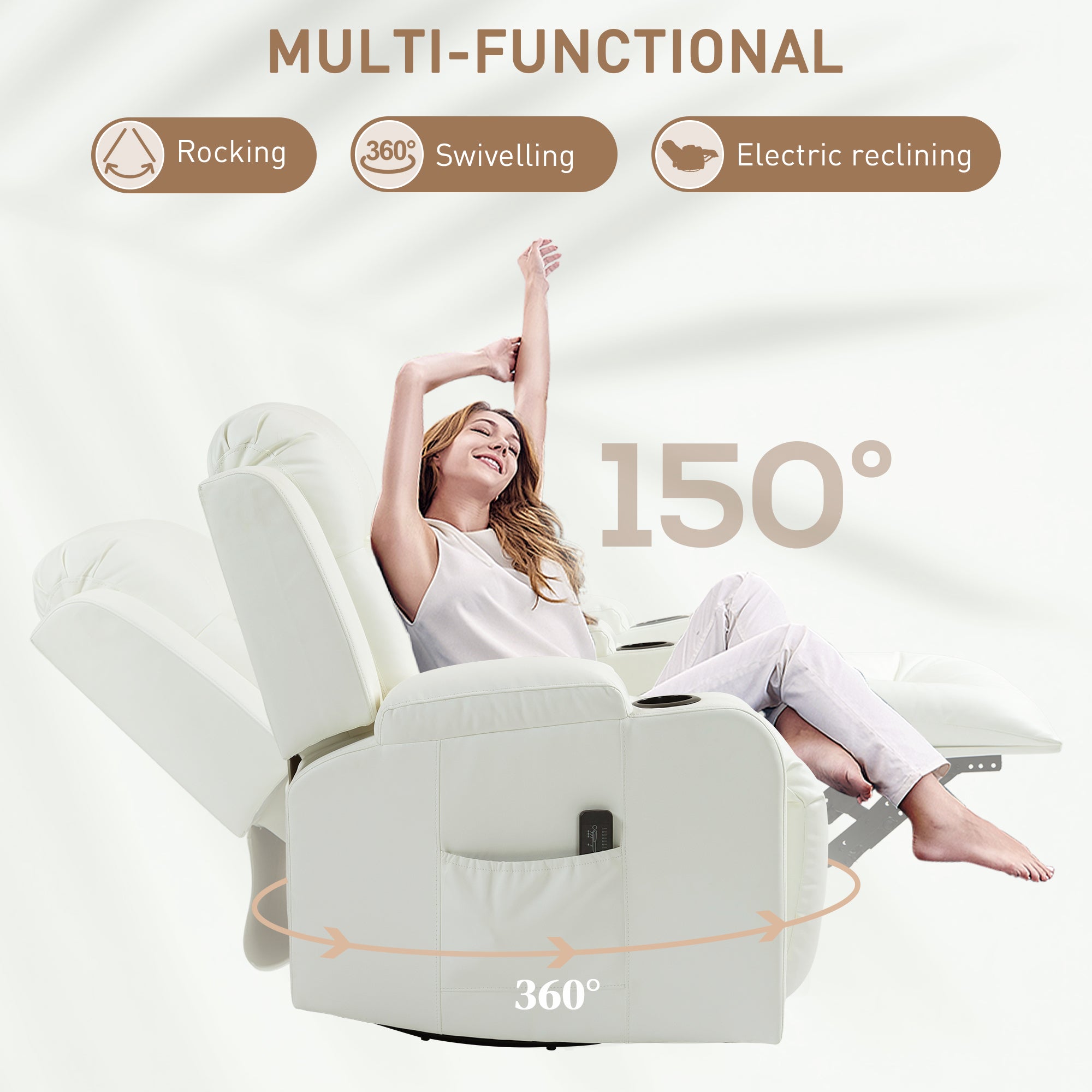 HOMCOM Massage Recliner Chair for Living Room with 8 Vibration, Overstuffed PU Leather Manual Reclining Chair with Wide Seat, Cup Holders, 360° Swivel, Rocking, Cream White