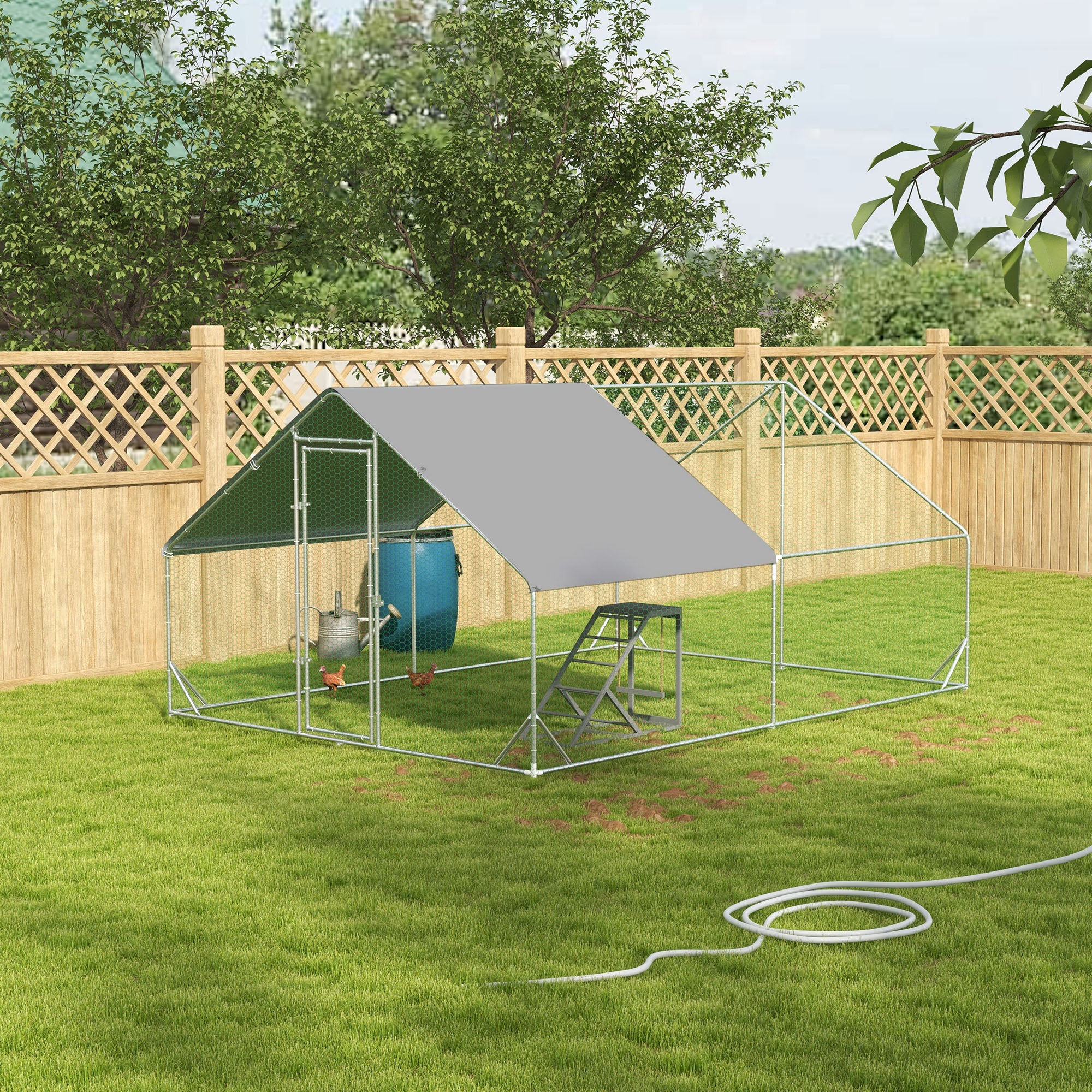 PawHut Walk-In Chicken Run, Galvanised Chicken Coop with Chicken Activity Shelf, Outdoor Hen Poultry House Cage Rabbit Hutch Garden with UV-resistant and Water-Resistant Cover, 3 x 4 x 2m