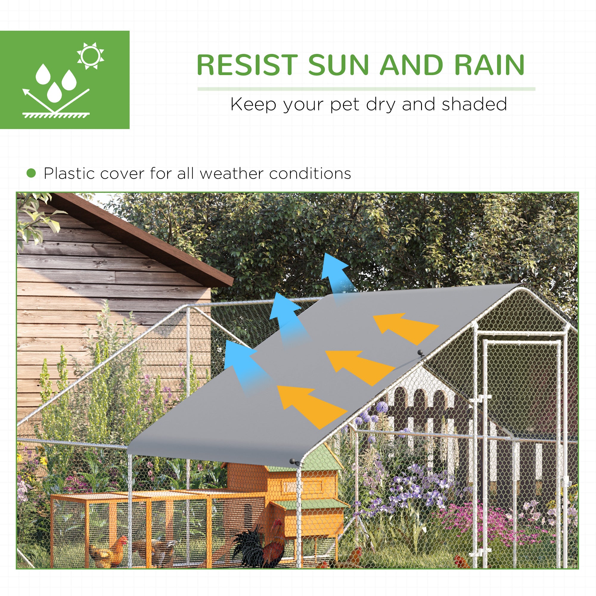 PawHut Walk-In Chicken Run, Galvanised Chicken Coop with Chicken Activity Shelf, Outdoor Hen Poultry House Cage Rabbit Hutch Garden with UV-resistant and Water-Resistant Cover, 3 x 4 x 2m