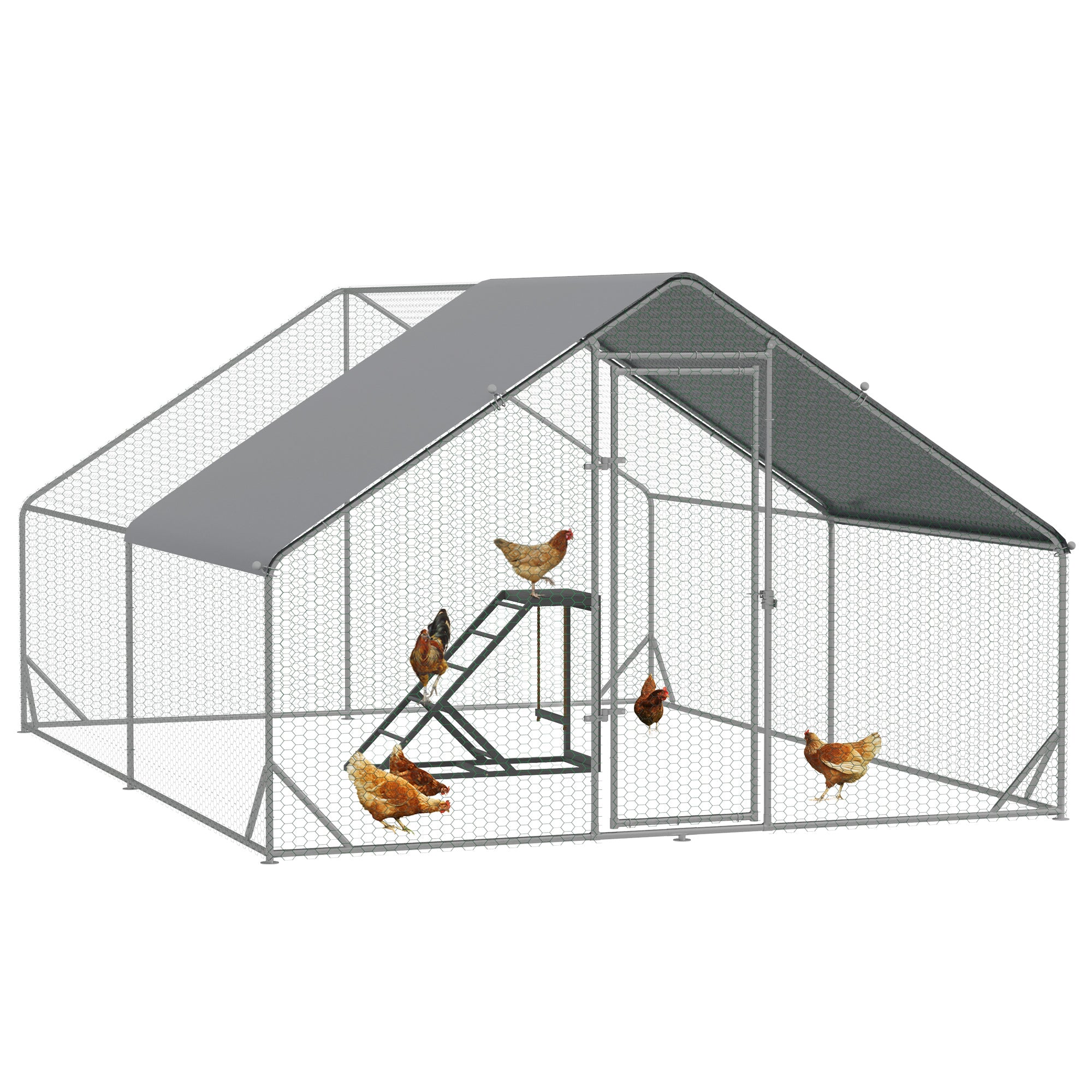 PawHut Walk-In Chicken Run, Galvanised Chicken Coop with Chicken Activity Shelf, Outdoor Hen Poultry House Cage Rabbit Hutch Garden with UV-resistant and Water-Resistant Cover, 3 x 4 x 2m