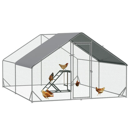 PawHut Walk-In Chicken Run, Galvanised Chicken Coop with Chicken Activity Shelf, Outdoor Hen Poultry House Cage Rabbit Hutch Garden with UV-resistant and Water-Resistant Cover, 3 x 4 x 2m