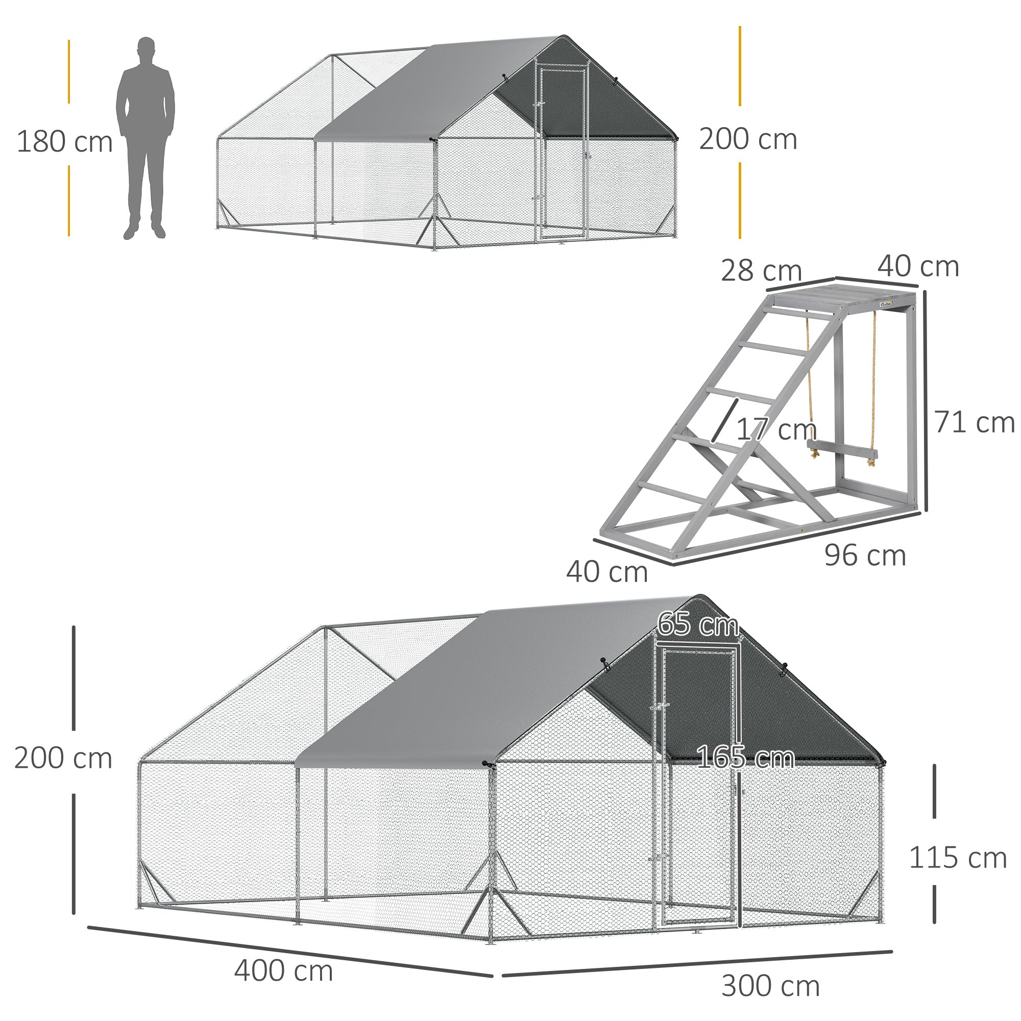 PawHut Walk-In Chicken Run, Galvanised Chicken Coop with Chicken Activity Shelf, Outdoor Hen Poultry House Cage Rabbit Hutch Garden with UV-resistant and Water-Resistant Cover, 3 x 4 x 2m