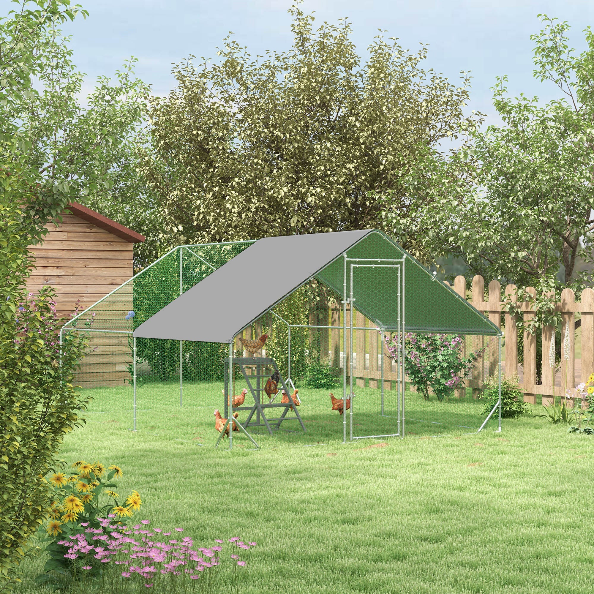 PawHut Walk-In Chicken Run, Galvanised Chicken Coop with Chicken Activity Shelf, Outdoor Hen Poultry House Cage Rabbit Hutch Garden with UV-resistant and Water-Resistant Cover, 3 x 4 x 2m