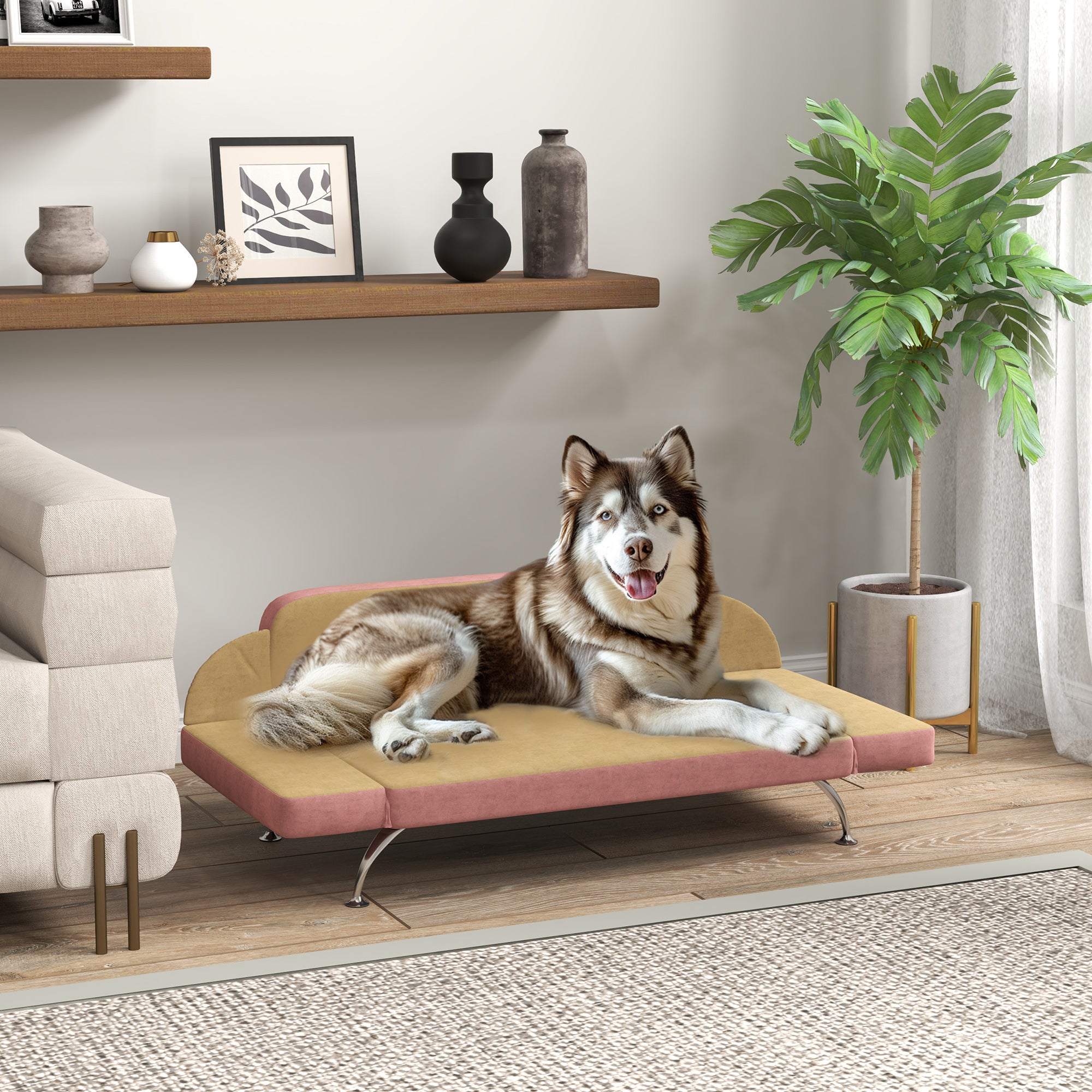 PawHut Dog Sofa Bed, Cat Couch Bed for Small, Medium & Large Dogs, Pet Sofa Bed with Adjustable Armrest, Backrest & Non-Slip Food Pads, Pink
