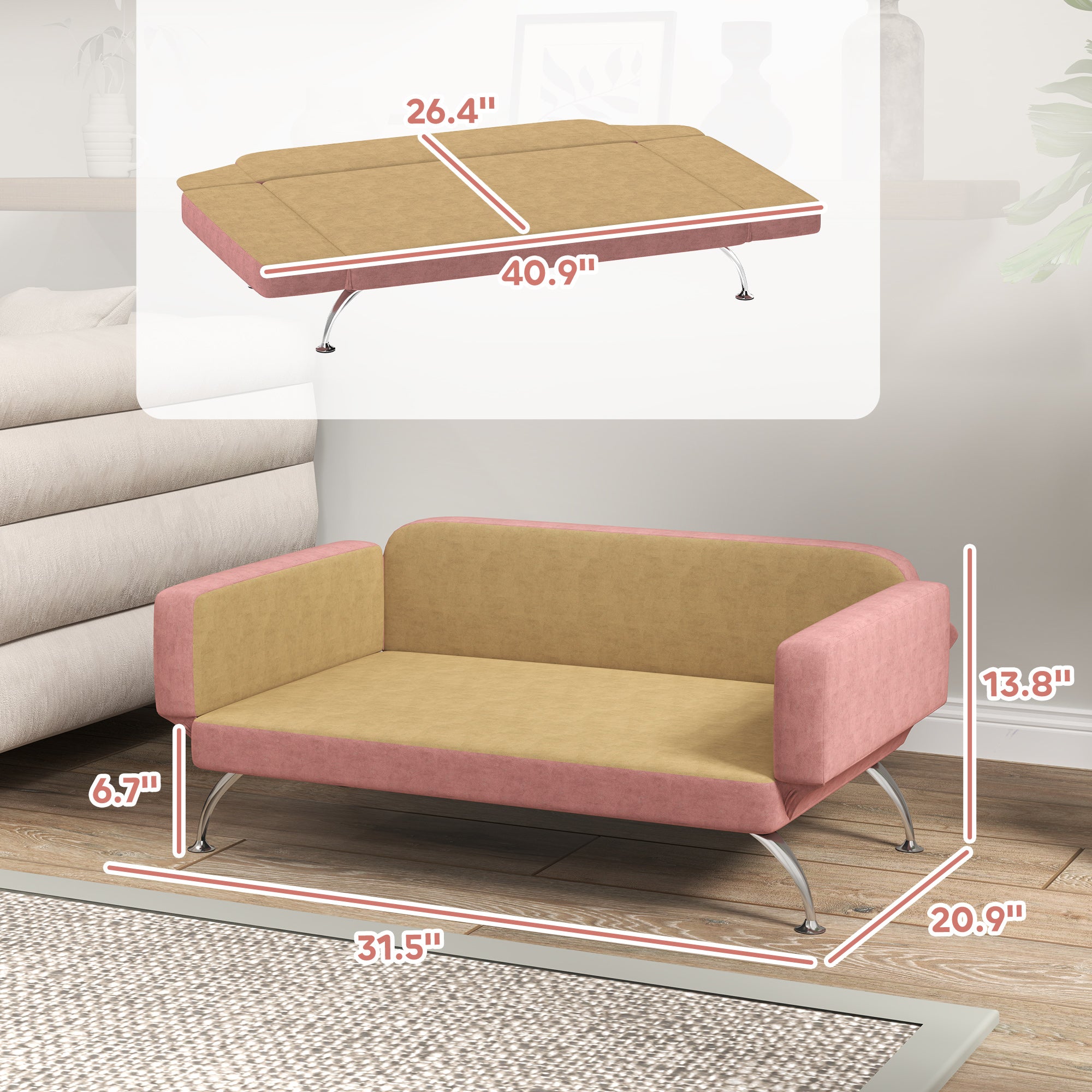 PawHut Dog Sofa Bed, Cat Couch Bed for Small, Medium & Large Dogs, Pet Sofa Bed with Adjustable Armrest, Backrest & Non-Slip Food Pads, Pink