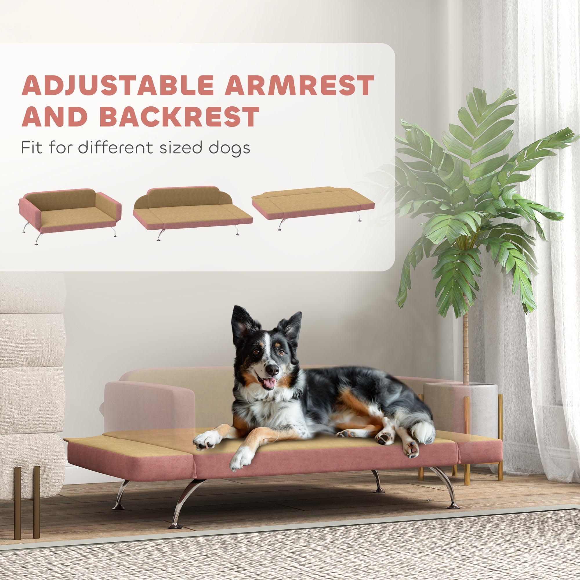 PawHut Dog Sofa Bed, Cat Couch Bed for Small, Medium & Large Dogs, Pet Sofa Bed with Adjustable Armrest, Backrest & Non-Slip Food Pads, Pink