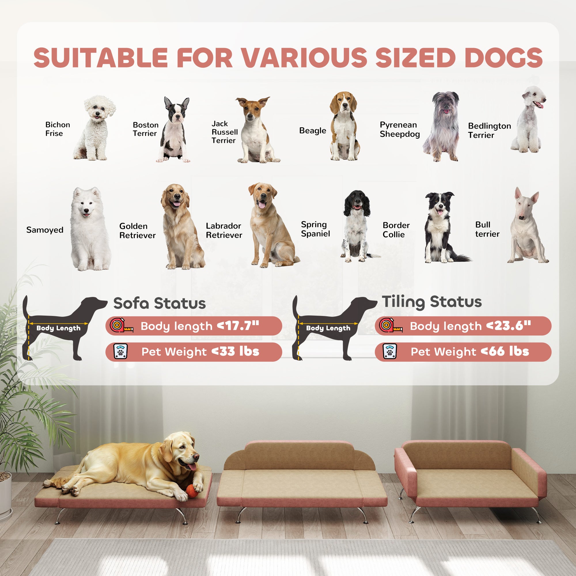 PawHut Dog Sofa Bed, Cat Couch Bed for Small, Medium & Large Dogs, Pet Sofa Bed with Adjustable Armrest, Backrest & Non-Slip Food Pads, Pink