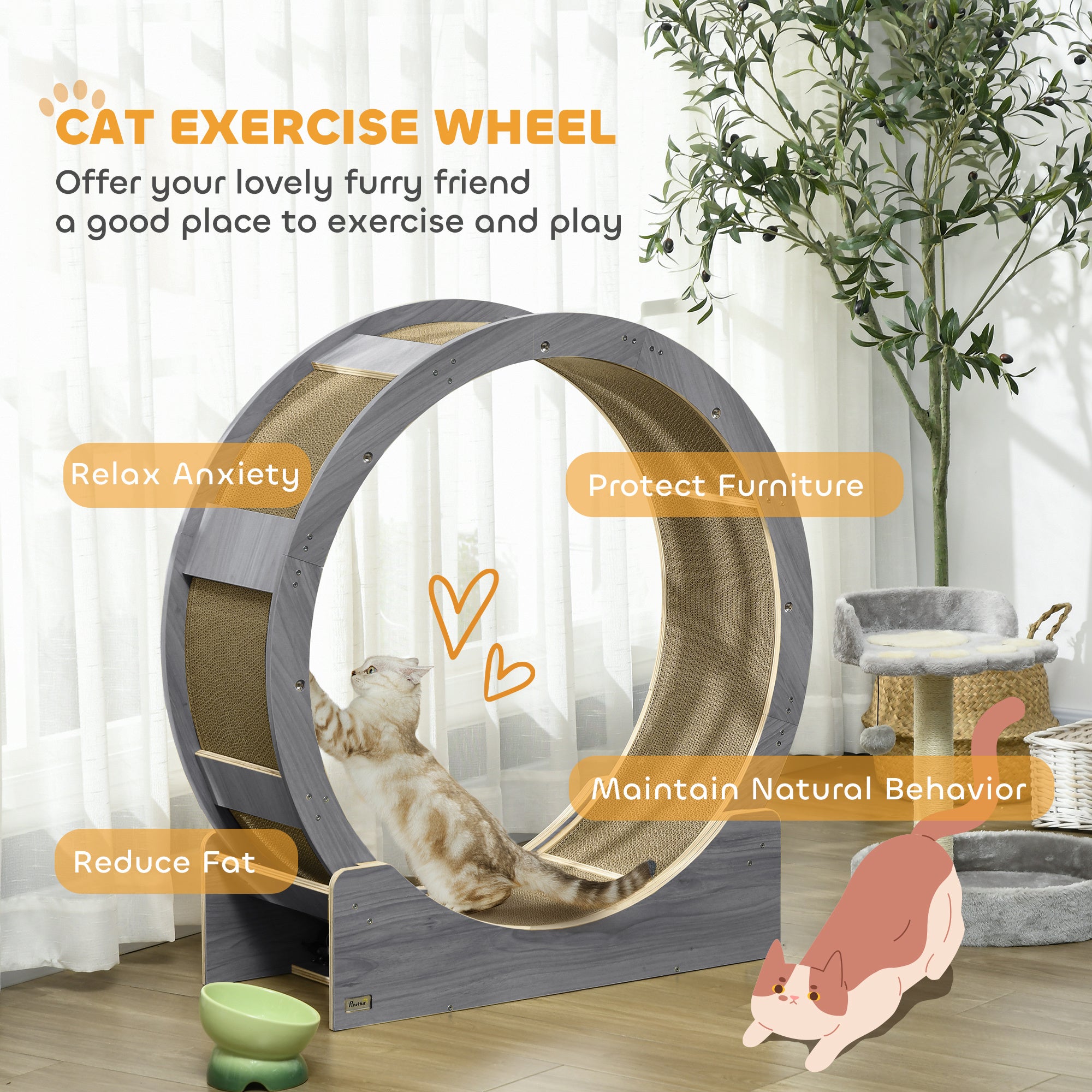 PawHut Cat Wheel for Indoor Cats, Cat Treadmill with Brake, Scratching Pads, Cat Exercise Wheel for Health - Grey