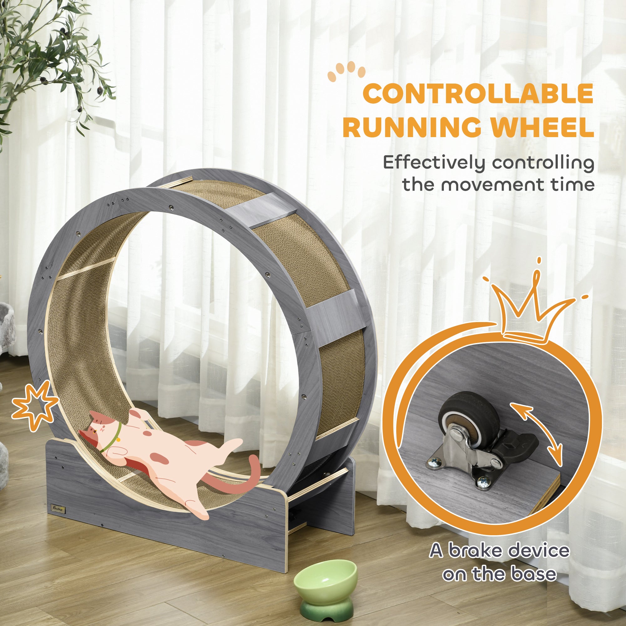 PawHut Cat Wheel for Indoor Cats, Cat Treadmill with Brake, Scratching Pads, Cat Exercise Wheel for Health - Grey