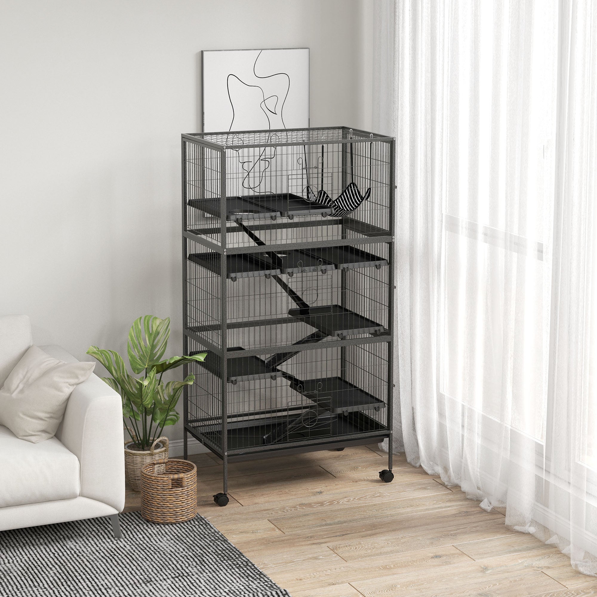 PawHut 6-Tier Rolling Small Animal Cage, Deluxe Rabbit Cage, Ferret Cage for Mink, Chinchilla, Kitten, Rabbit, Small Pet Play House with Hammock, Platform, Ramp, Charcoal Grey