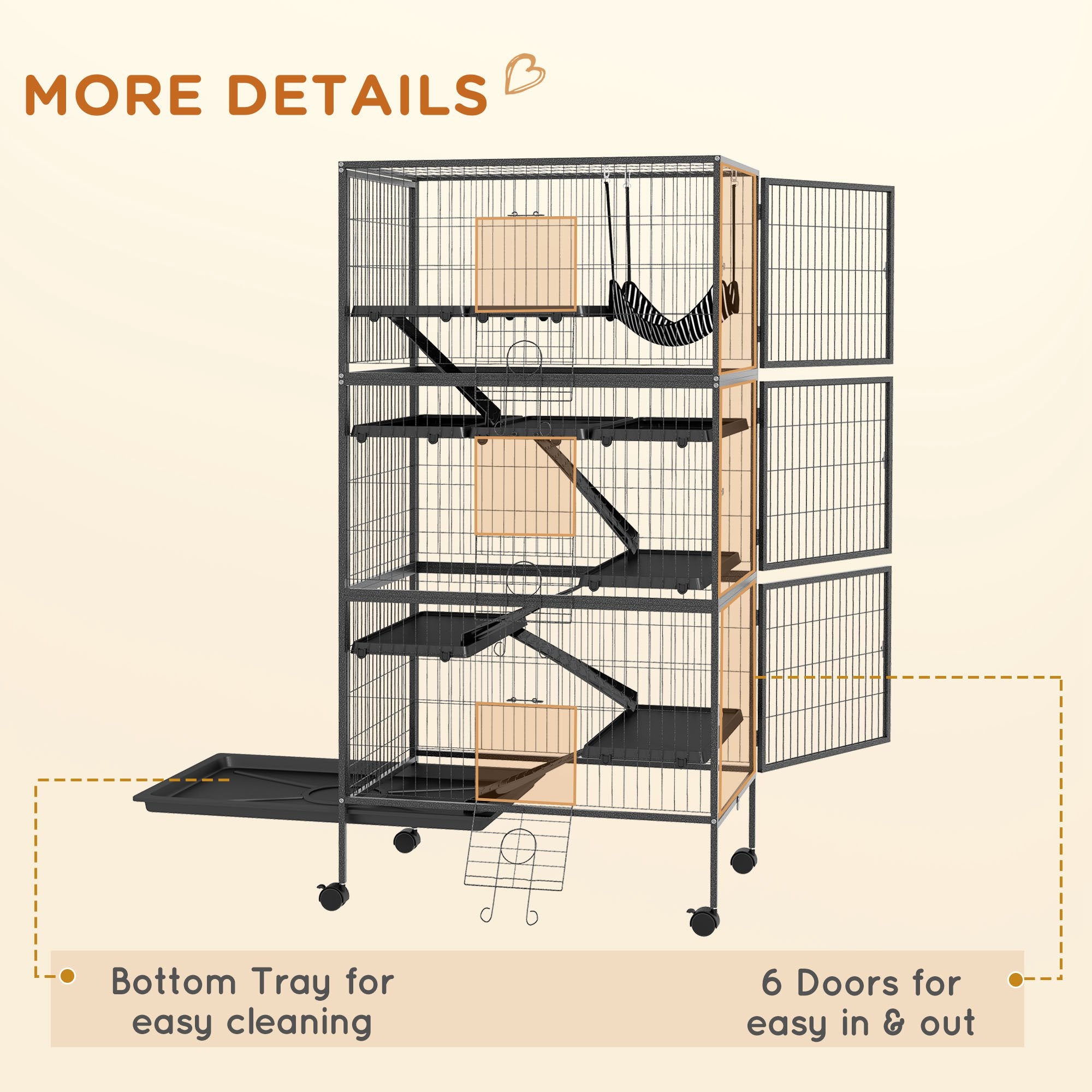 PawHut 6-Tier Rolling Small Animal Cage, Deluxe Rabbit Cage, Ferret Cage for Mink, Chinchilla, Kitten, Rabbit, Small Pet Play House with Hammock, Platform, Ramp, Charcoal Grey
