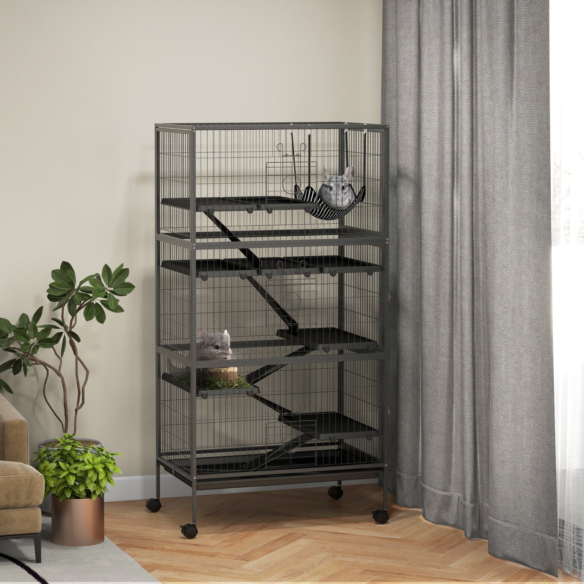 PawHut 6-Tier Rolling Small Animal Cage, Deluxe Rabbit Cage, Ferret Cage for Mink, Chinchilla, Kitten, Rabbit, Small Pet Play House with Hammock, Platform, Ramp, Charcoal Grey