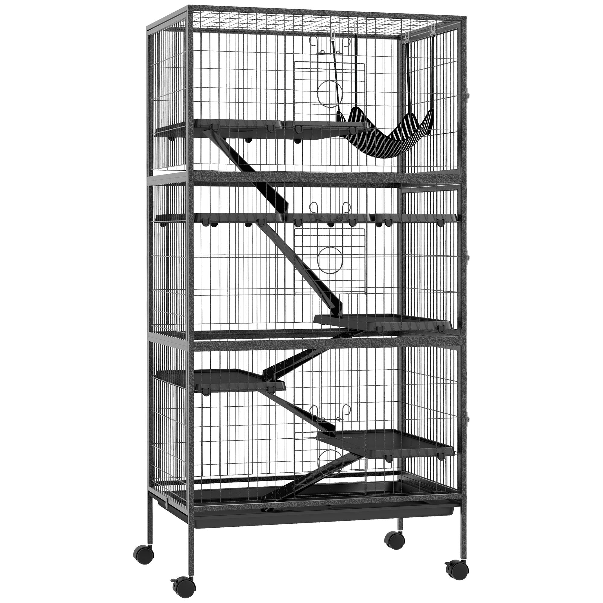 PawHut 6-Tier Rolling Small Animal Cage, Deluxe Rabbit Cage, Ferret Cage for Mink, Chinchilla, Kitten, Rabbit, Small Pet Play House with Hammock, Platform, Ramp, Charcoal Grey