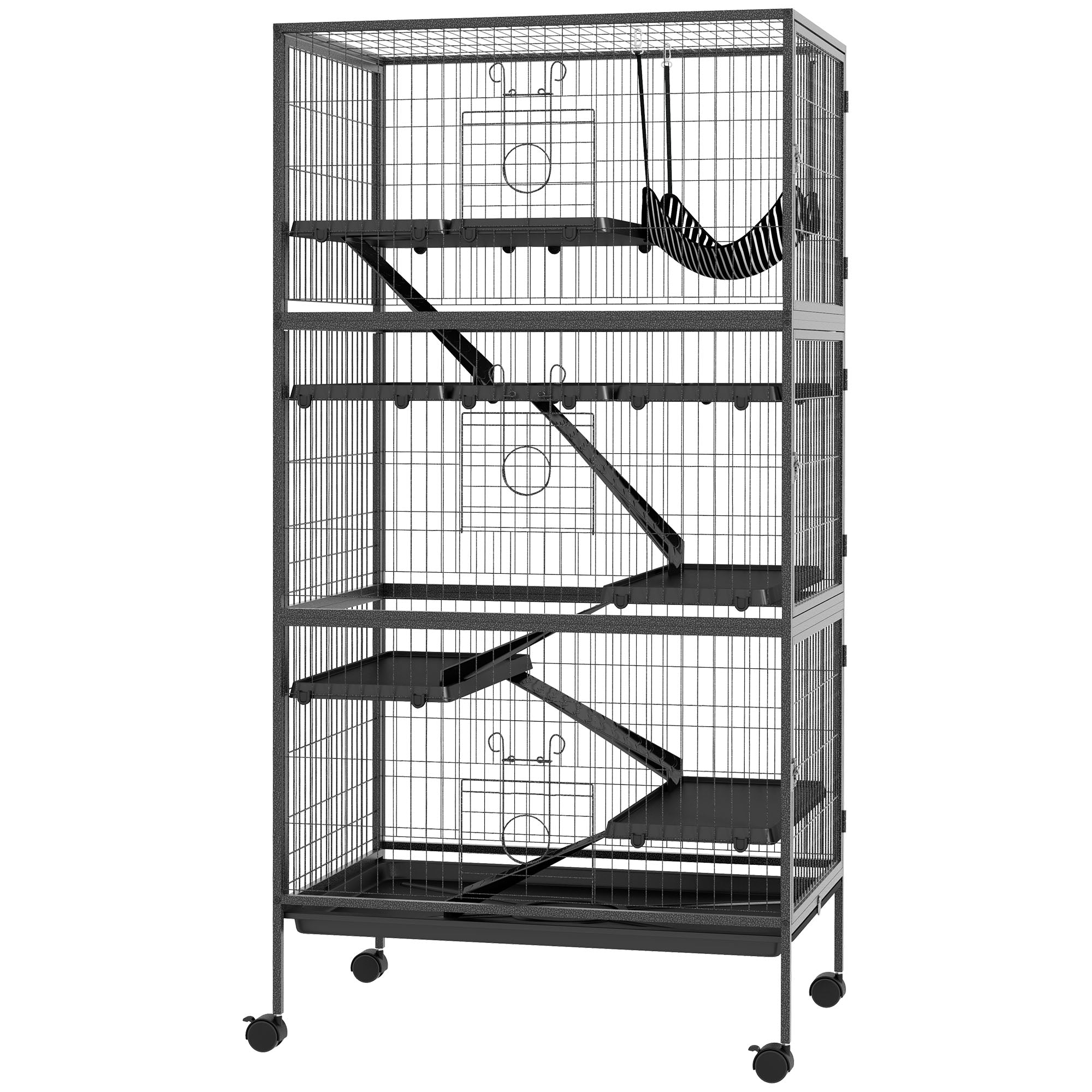 PawHut 6-Tier Rolling Small Animal Cage, Deluxe Rabbit Cage, Ferret Cage for Mink, Chinchilla, Kitten, Rabbit, Small Pet Play House with Hammock, Platform, Ramp, Charcoal Grey