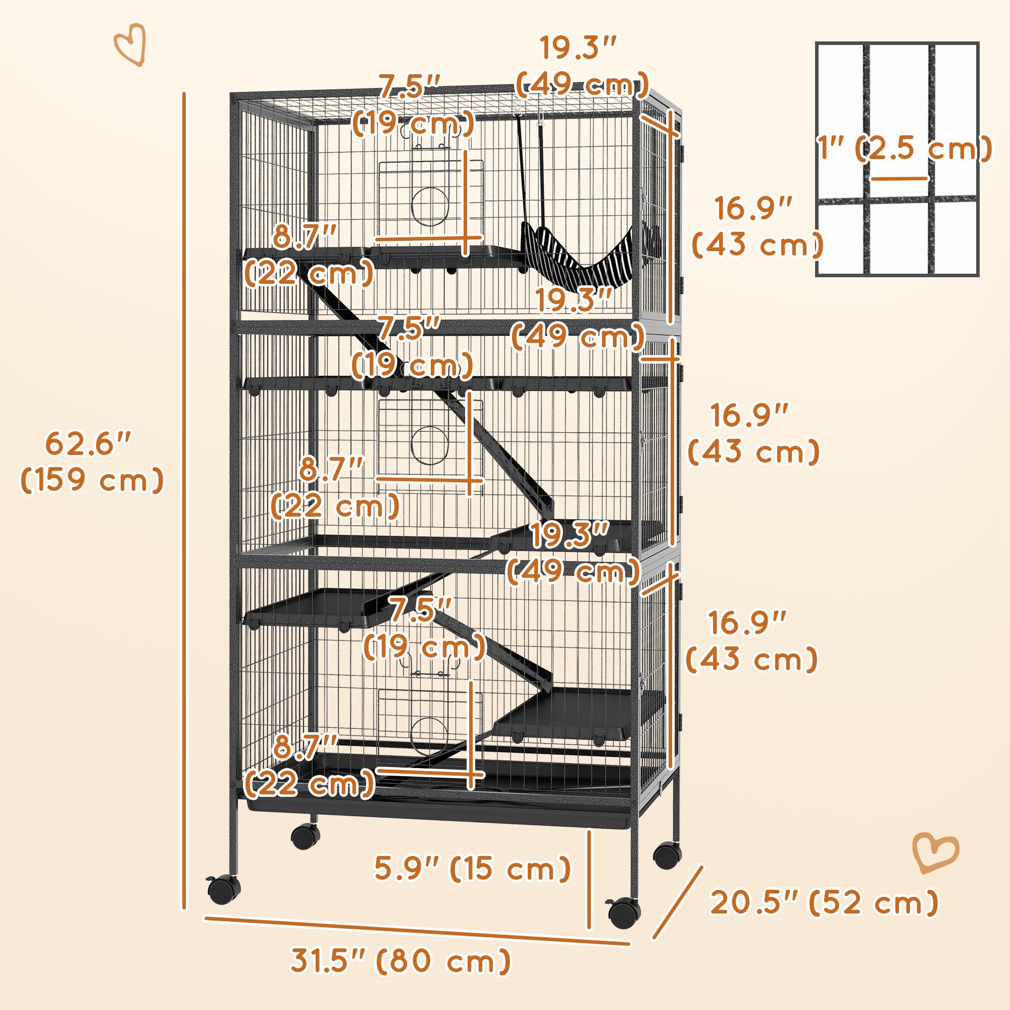 PawHut 6-Tier Rolling Small Animal Cage, Deluxe Rabbit Cage, Ferret Cage for Mink, Chinchilla, Kitten, Rabbit, Small Pet Play House with Hammock, Platform, Ramp, Charcoal Grey
