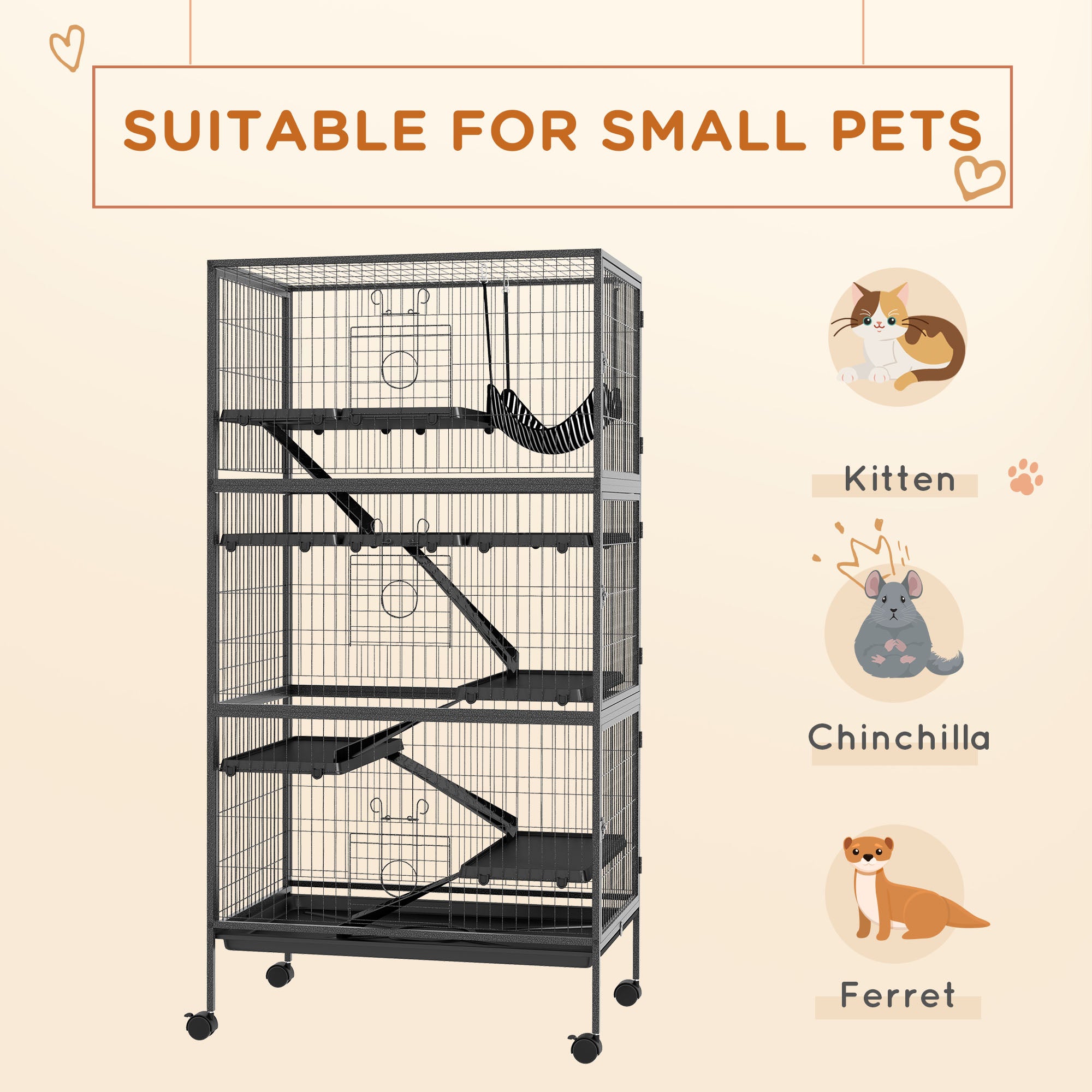 PawHut 6-Tier Rolling Small Animal Cage, Deluxe Rabbit Cage, Ferret Cage for Mink, Chinchilla, Kitten, Rabbit, Small Pet Play House with Hammock, Platform, Ramp, Charcoal Grey