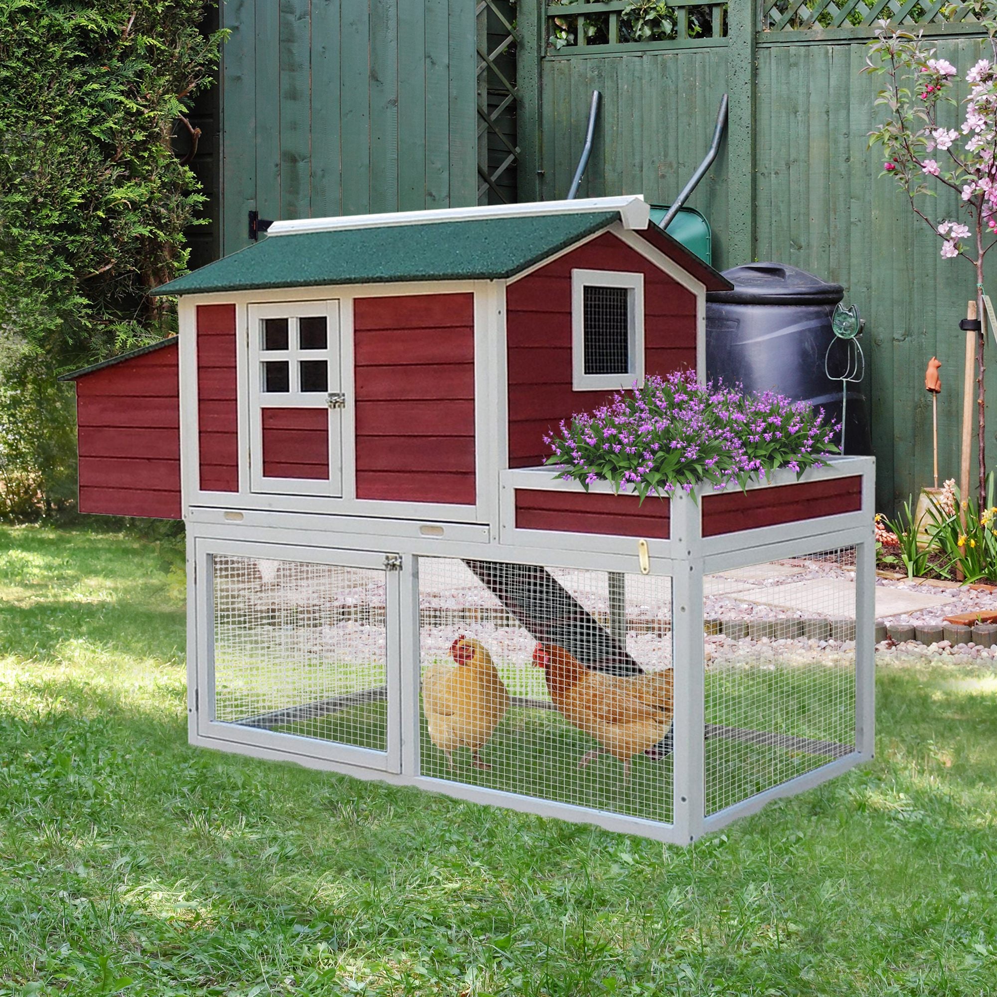 PawHut 63" Chicken Coop Wooden Hen House Rabbit Hutch Poultry Cage Pen Outdoor Backyard With Garden Box, Run Area, Nesting Box Brown