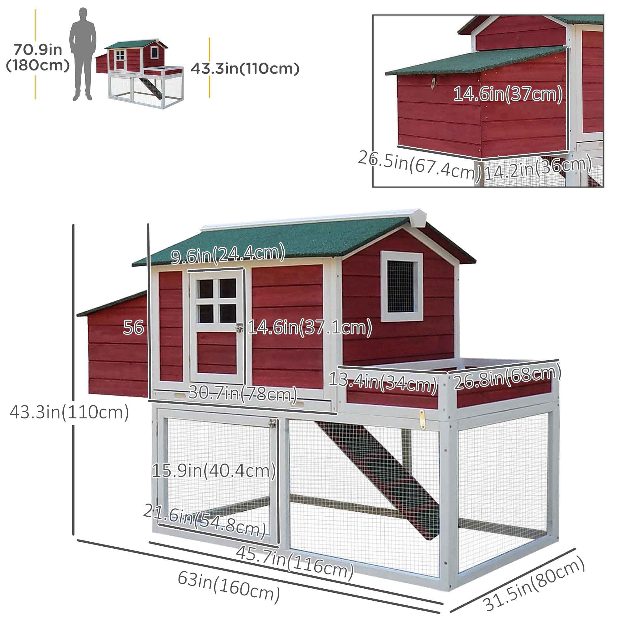 PawHut 63" Chicken Coop Wooden Hen House Rabbit Hutch Poultry Cage Pen Outdoor Backyard With Garden Box, Run Area, Nesting Box Brown