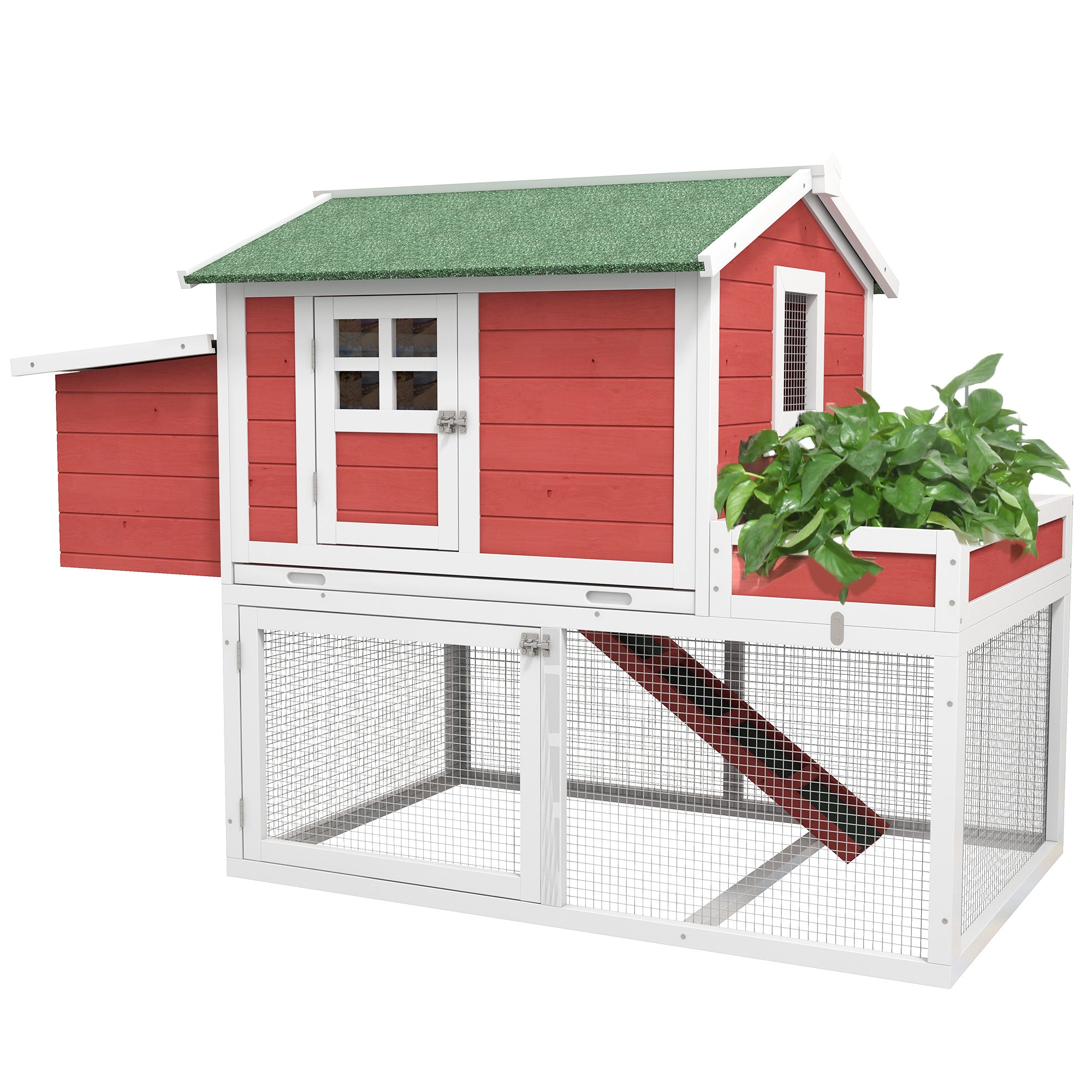 PawHut 63" Wooden Chicken Coop Hen House Poultry Cage for Outdoor Backyard with Raised Garden Bed, Run Area, Nesting Box and Removable Tray, Red