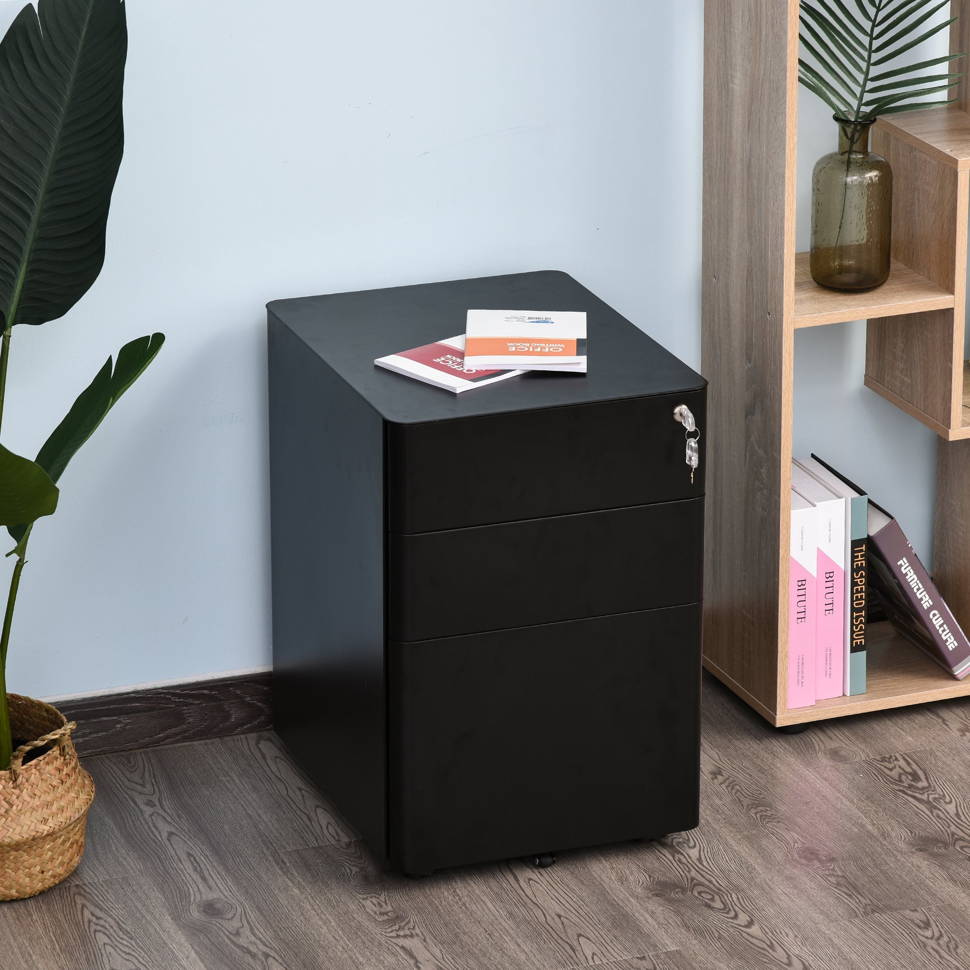 Vinsetto Metal Filing Cabinet 3 Drawer, Vertical File Cabinet with Lock, Mobile Office Cabinet with Wheels for Legal, Letter, A4 File, Black
