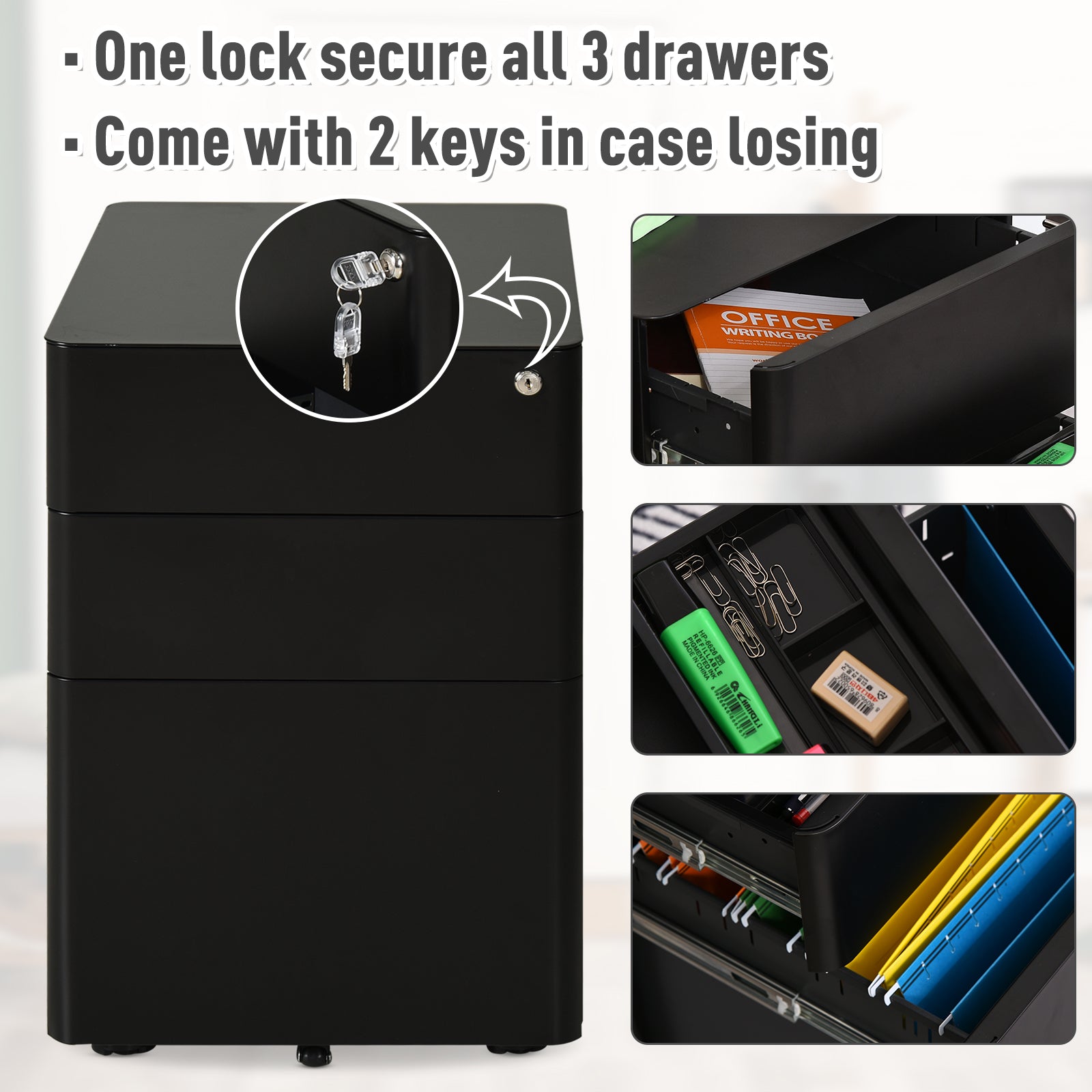 Vinsetto Metal Filing Cabinet 3 Drawer, Vertical File Cabinet with Lock, Mobile Office Cabinet with Wheels for Legal, Letter, A4 File, Black