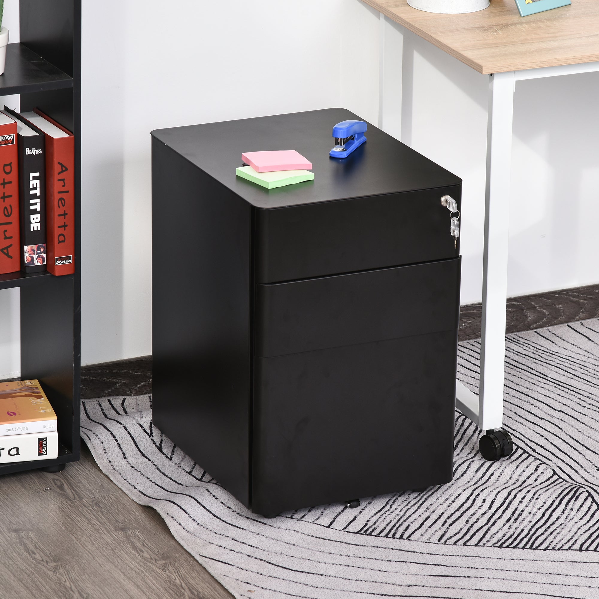 Vinsetto Metal Filing Cabinet 3 Drawer, Vertical File Cabinet with Lock, Mobile Office Cabinet with Wheels for Legal, Letter, A4 File, Black