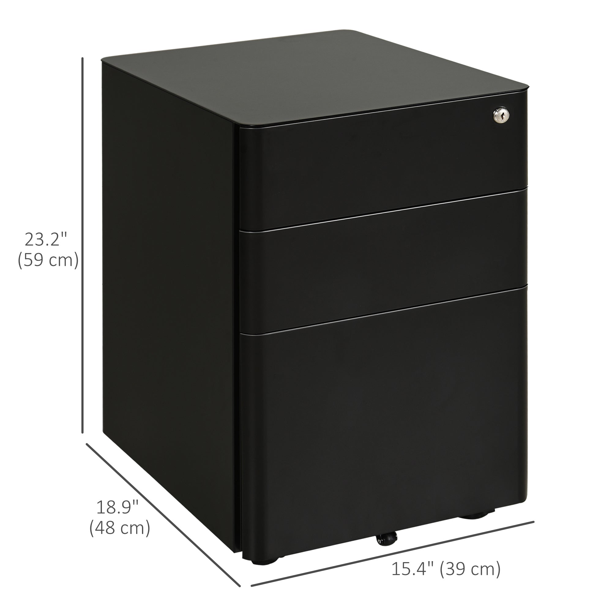 Vinsetto Metal Filing Cabinet 3 Drawer, Vertical File Cabinet with Lock, Mobile Office Cabinet with Wheels for Legal, Letter, A4 File, Black