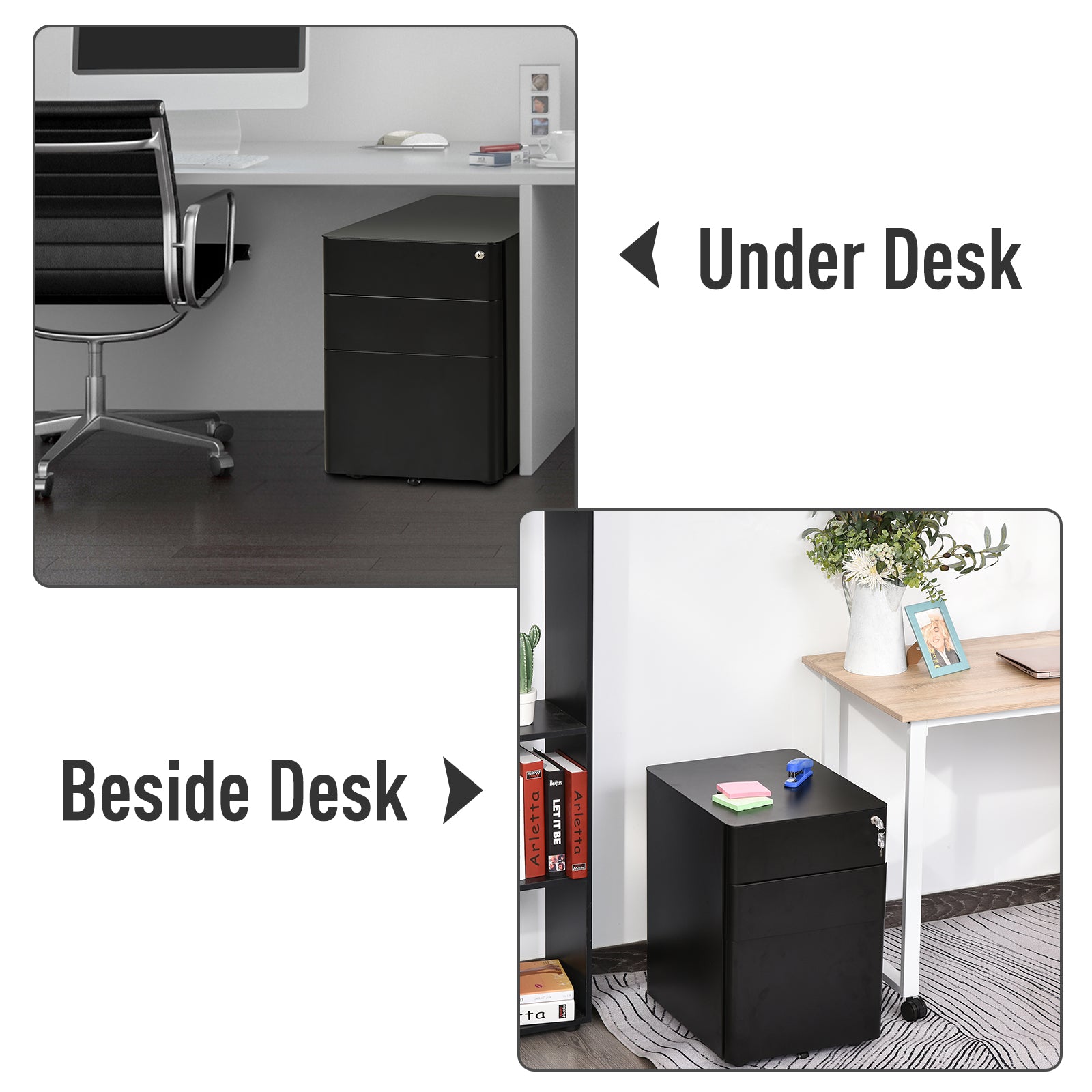 Vinsetto Metal Filing Cabinet 3 Drawer, Vertical File Cabinet with Lock, Mobile Office Cabinet with Wheels for Legal, Letter, A4 File, Black