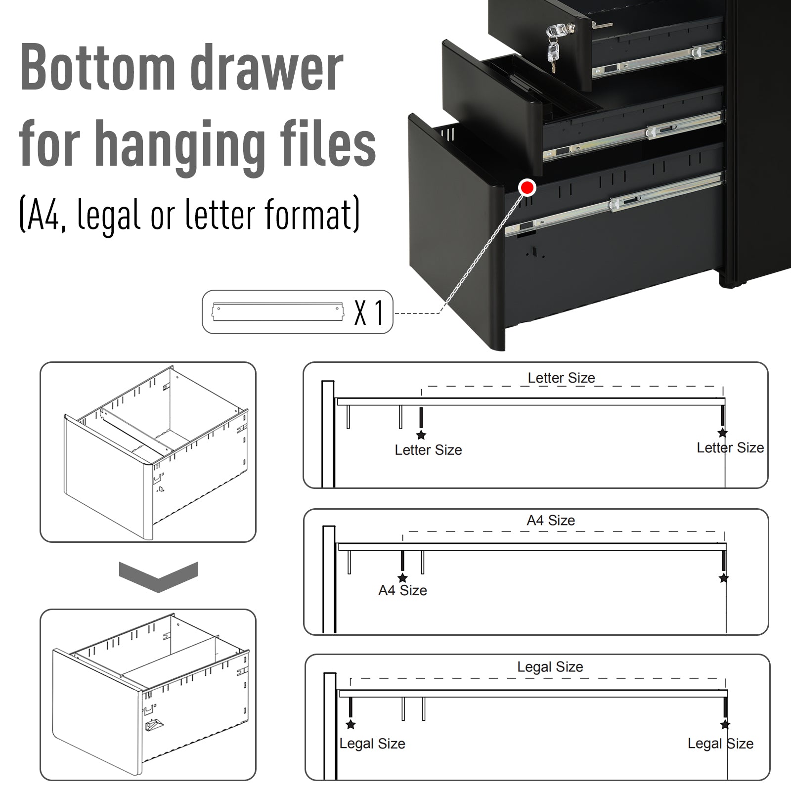 Vinsetto Metal Filing Cabinet 3 Drawer, Vertical File Cabinet with Lock, Mobile Office Cabinet with Wheels for Legal, Letter, A4 File, Black