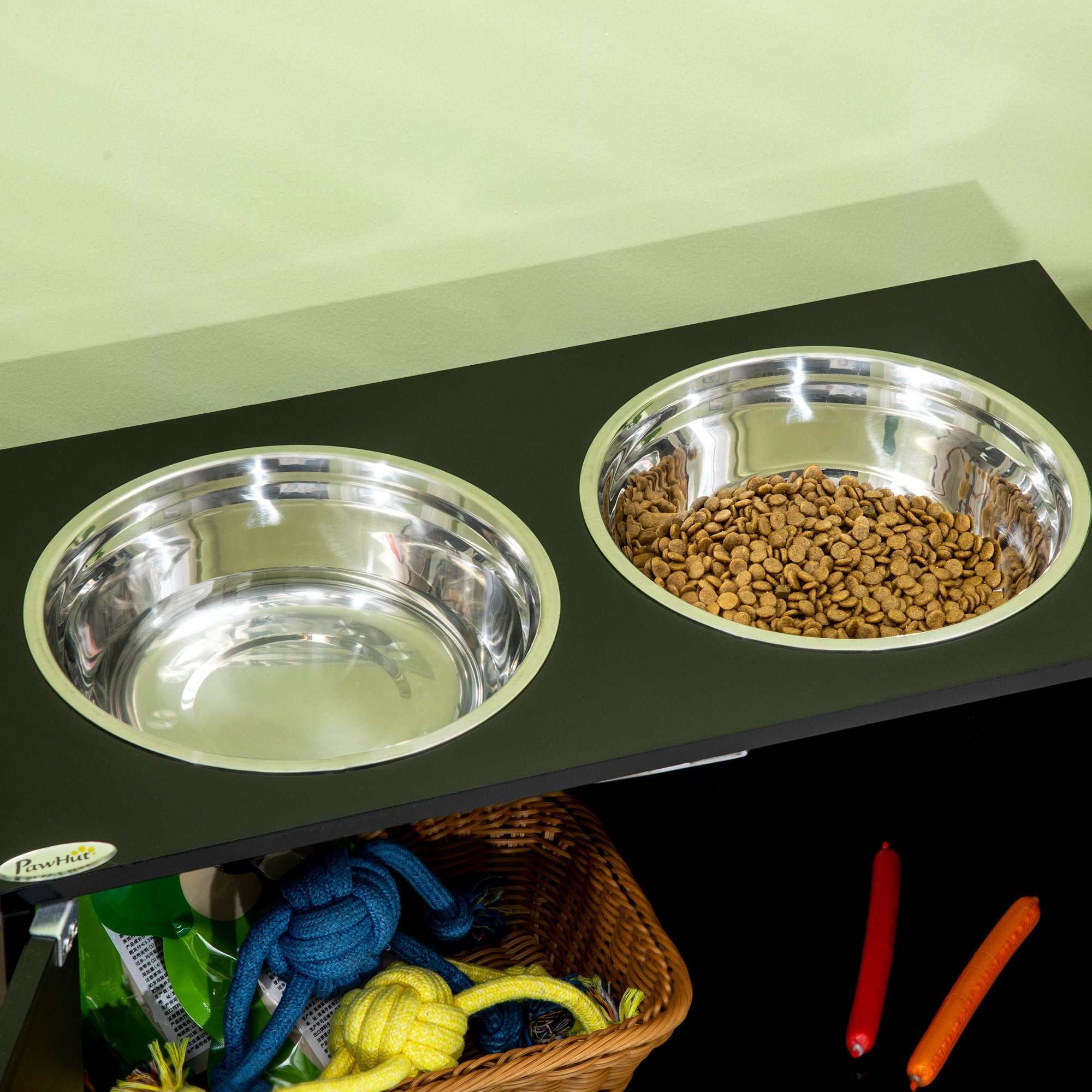 PawHut Elevated Dog Bowls for Large Dogs Pet Feeding Station with Stand, Storage, 2 Stainless Steel Food and Water Bowls, Black, 23.6" x 11.8" x 14"