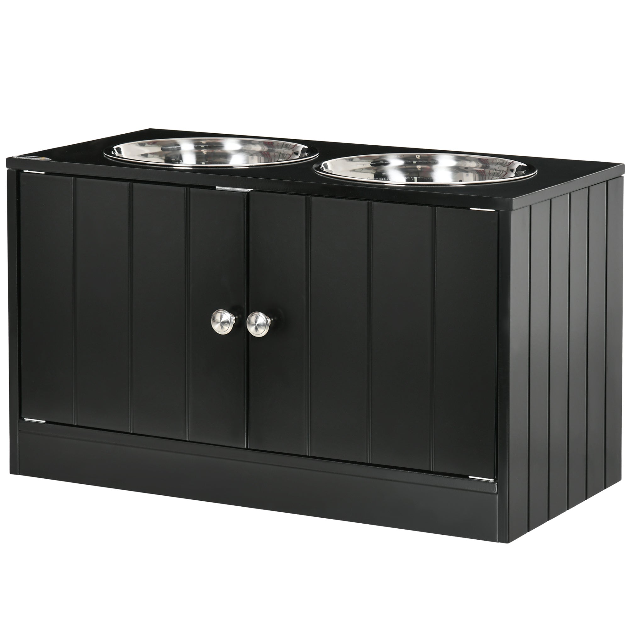 PawHut Elevated Dog Bowls for Large Dogs Pet Feeding Station with Stand, Storage, 2 Stainless Steel Food and Water Bowls, Black, 23.6" x 11.8" x 14"