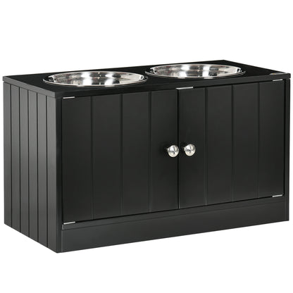 PawHut Raised Dog Bowls for Large Dogs Pet Feeding Station w/ Stand, Storage, Two Stainless Steel Bowls - Black