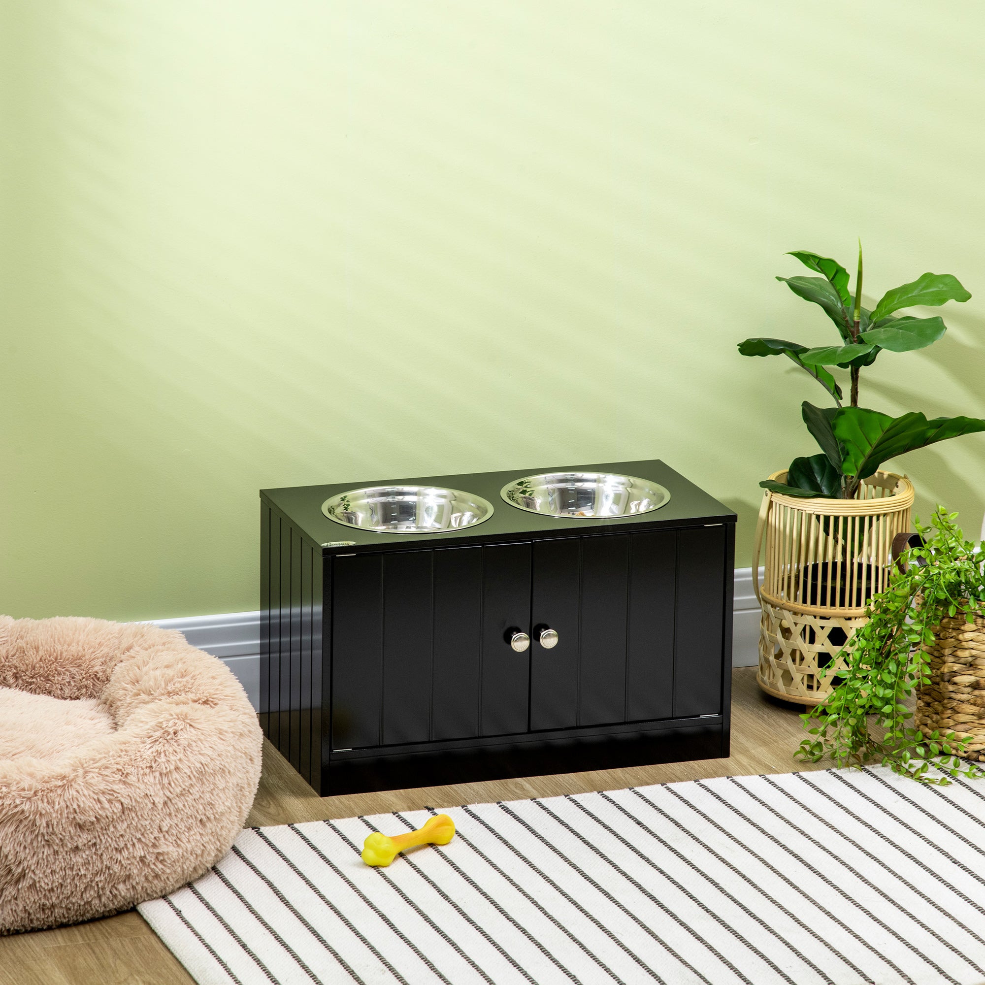 PawHut Elevated Dog Bowls for Large Dogs Pet Feeding Station with Stand, Storage, 2 Stainless Steel Food and Water Bowls, Black, 23.6" x 11.8" x 14"