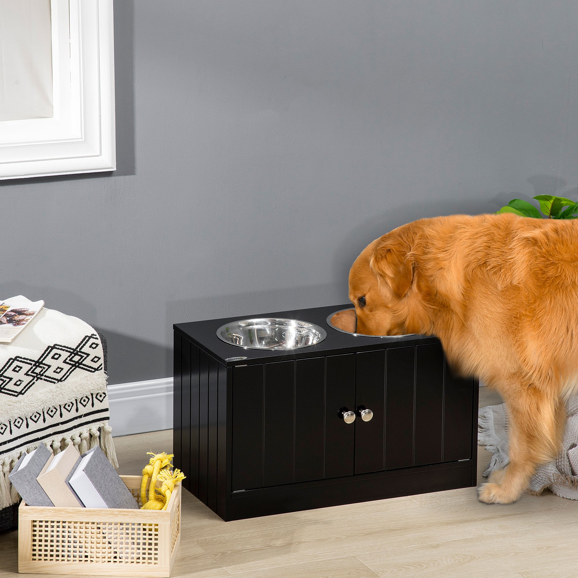 PawHut Elevated Dog Bowls for Large Dogs Pet Feeding Station with Stand, Storage, 2 Stainless Steel Food and Water Bowls, Black, 23.6" x 11.8" x 14"