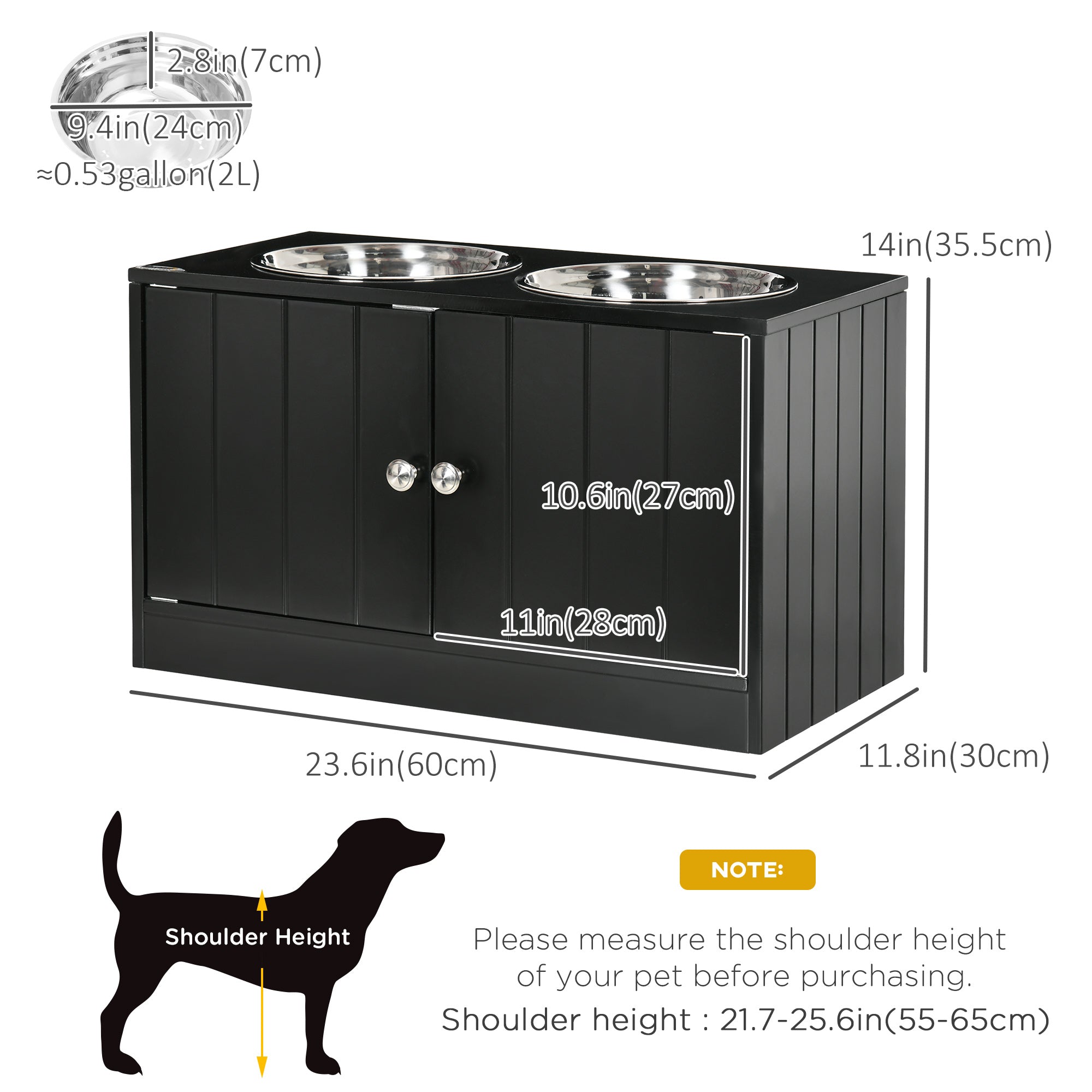 PawHut Elevated Dog Bowls for Large Dogs Pet Feeding Station with Stand, Storage, 2 Stainless Steel Food and Water Bowls, Black, 23.6" x 11.8" x 14"