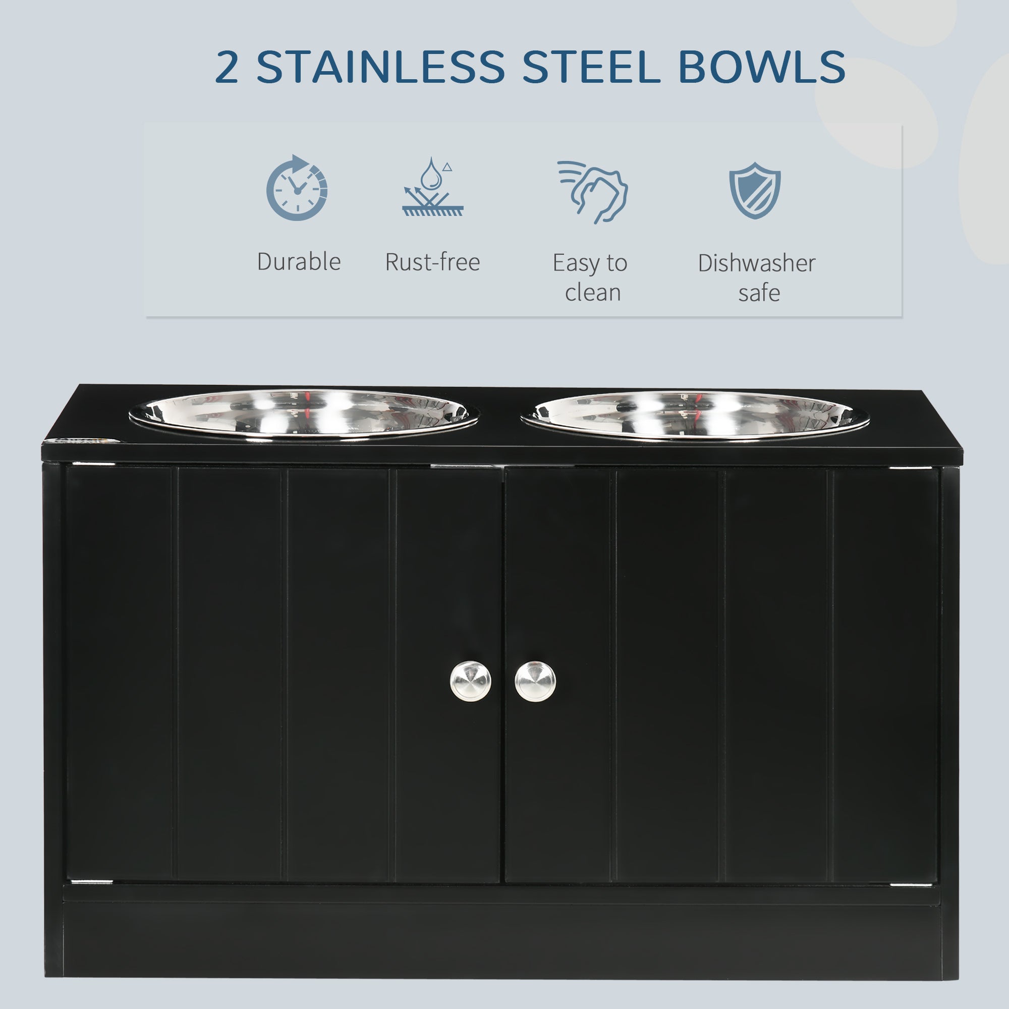 PawHut Elevated Dog Bowls for Large Dogs Pet Feeding Station with Stand, Storage, 2 Stainless Steel Food and Water Bowls, Black, 23.6" x 11.8" x 14"