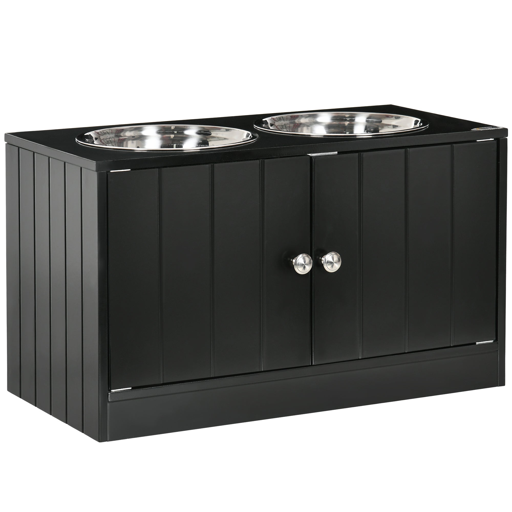 PawHut Elevated Dog Bowls for Large Dogs Pet Feeding Station with Stand, Storage, 2 Stainless Steel Food and Water Bowls, Black, 23.6" x 11.8" x 14"