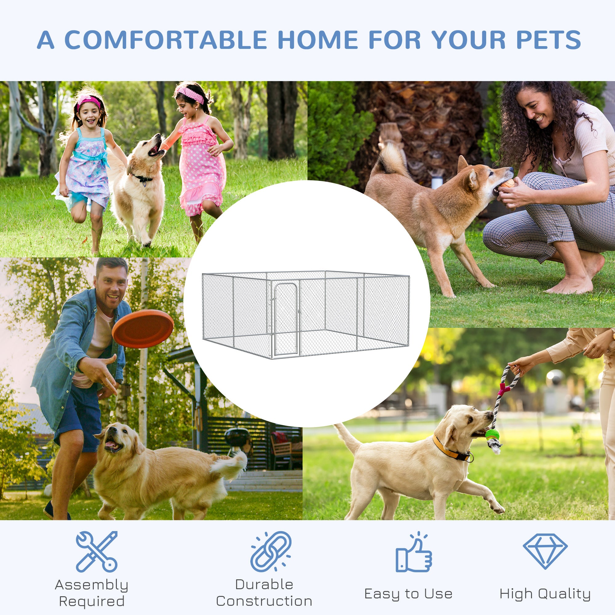 PawHut Large Dog Kennel Outside, Heavy Duty Dog Cage, Outdoor Fence Dog Run with Galvanized Chain Link, Secure Lock, 13.1' x 13.1' x 6'