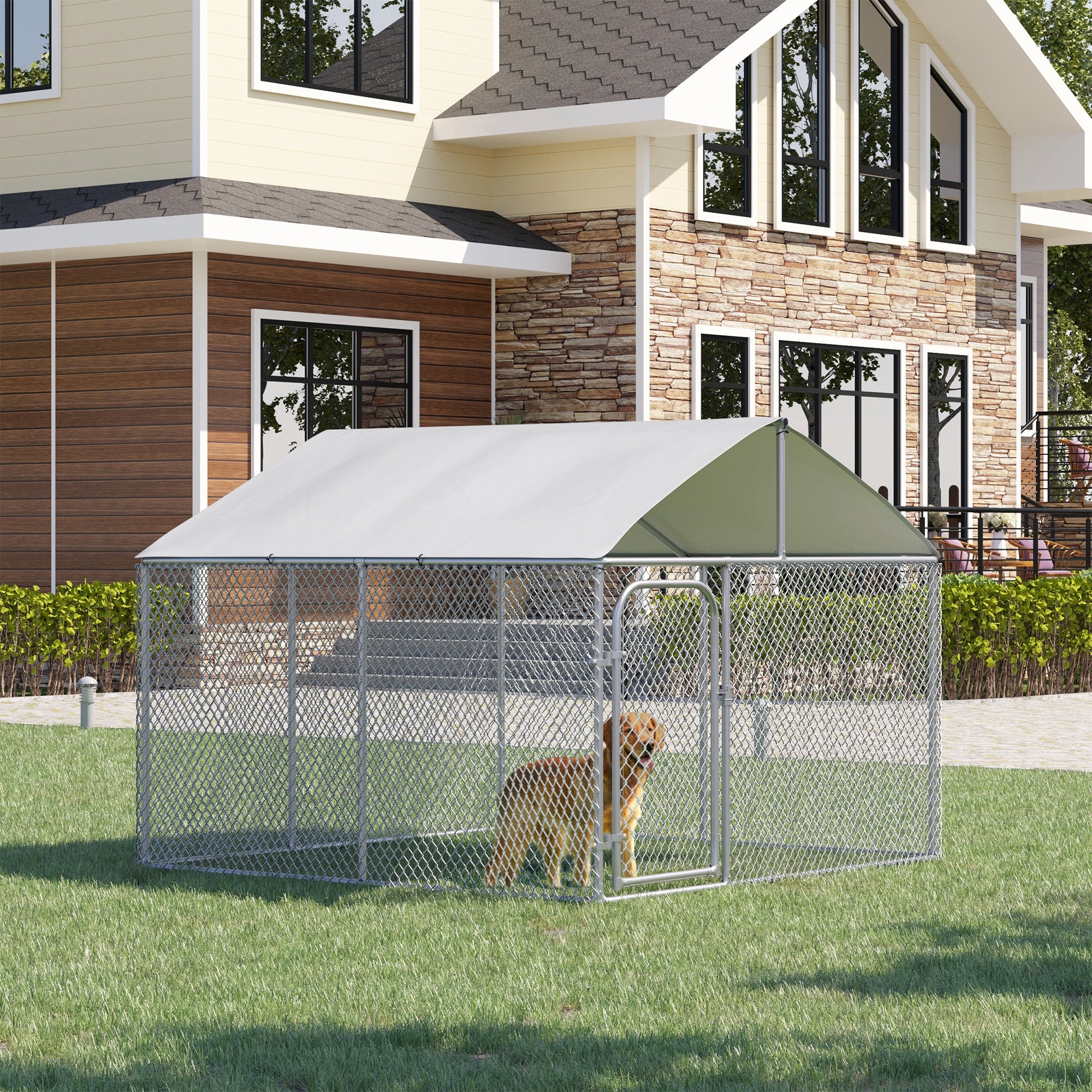 PawHut Dog Kennel Outdoor Run Fence with Roof, Steel Lock, Mesh Sidewalls for Backyard & Patio, 7.5' x 7.5' x 5.7'