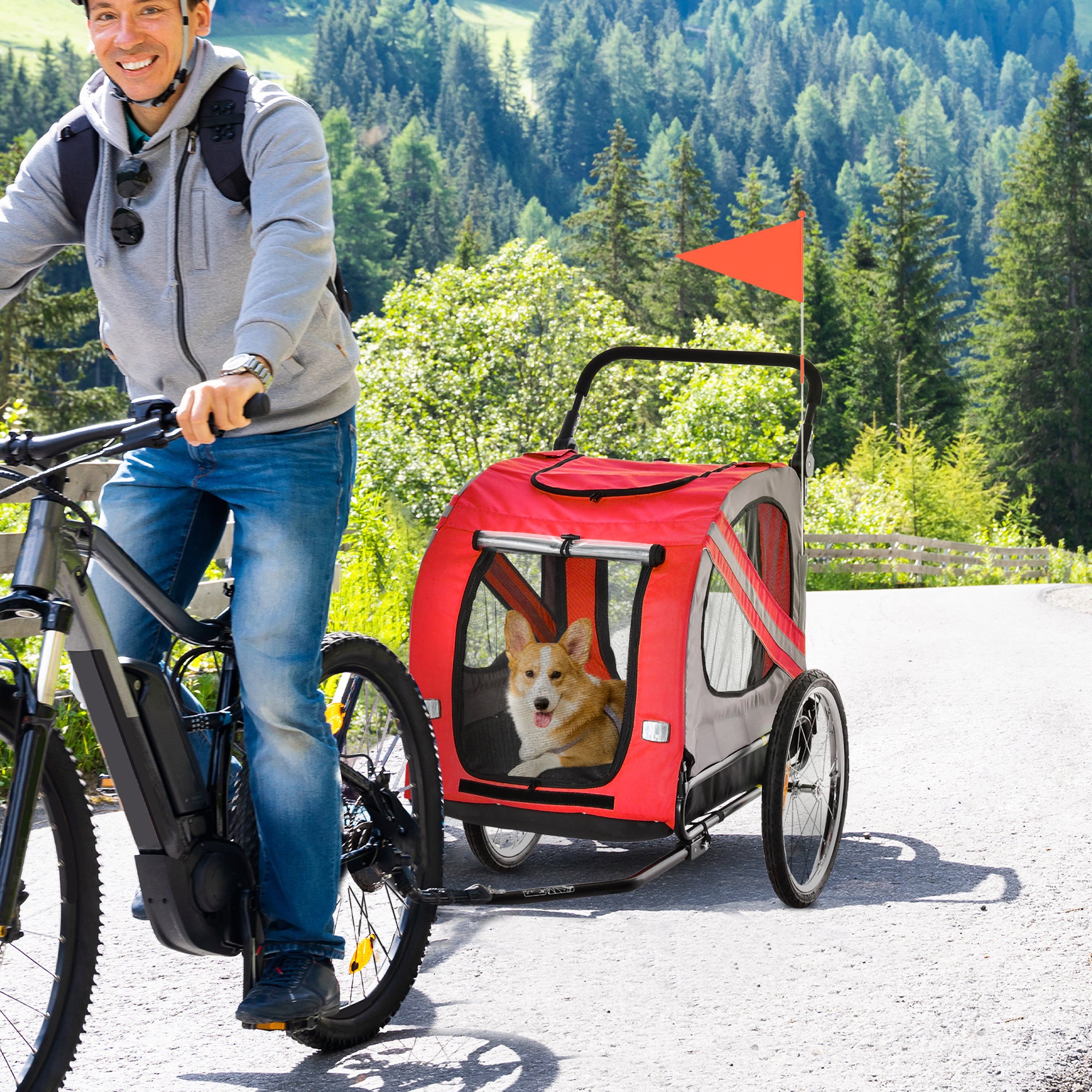PawHut Dog Bike Trailer, 2 in 1 Foldable Dog Stroller with Hitch Coupler, Reflectors, Quick Release Wheels, Flag, Dog Trolley on Wheels for Medium Dogs, Red