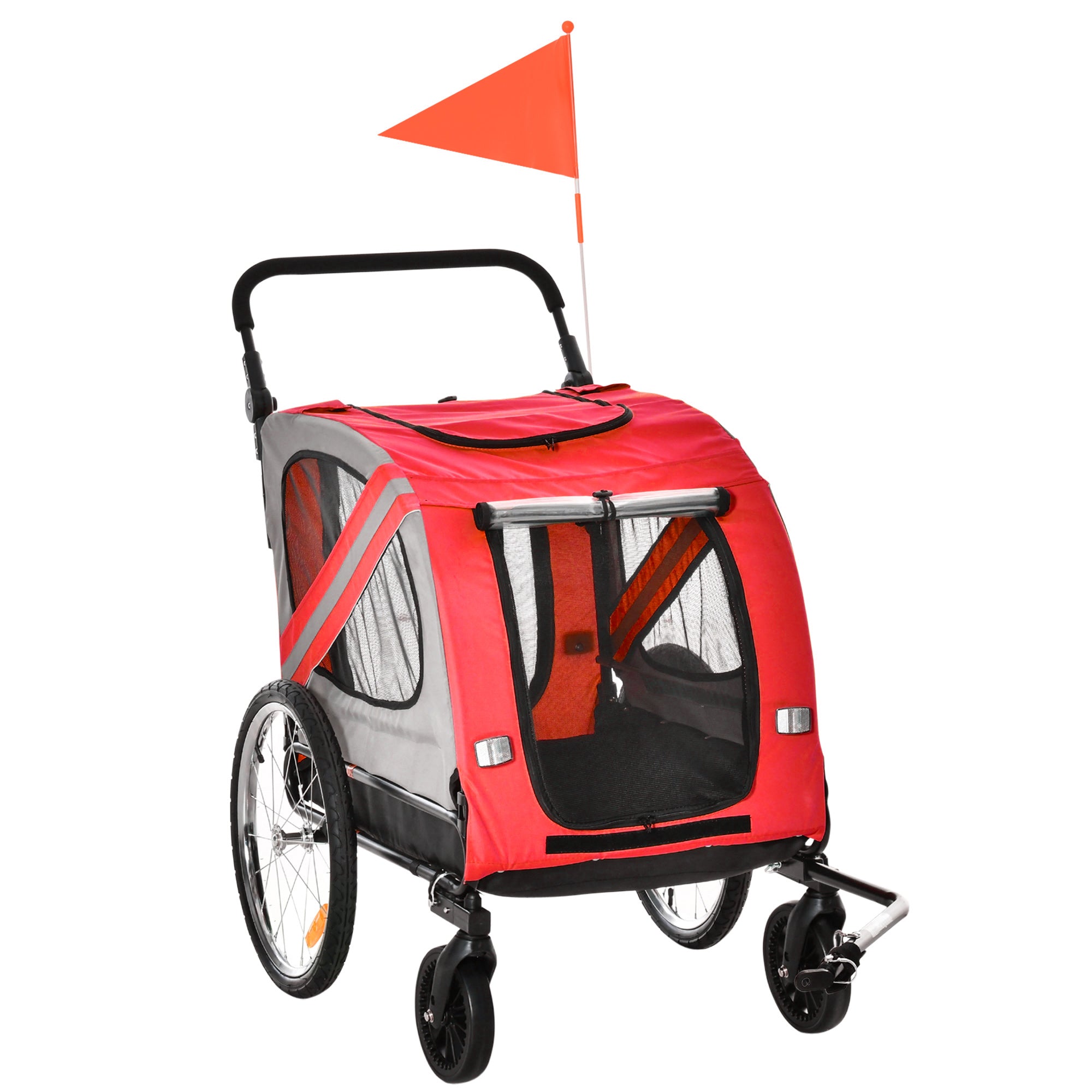 PawHut Dog Bike Trailer, 2 in 1 Foldable Dog Stroller with Hitch Coupler, Reflectors, Quick Release Wheels, Flag, Dog Trolley on Wheels for Medium Dogs, Red